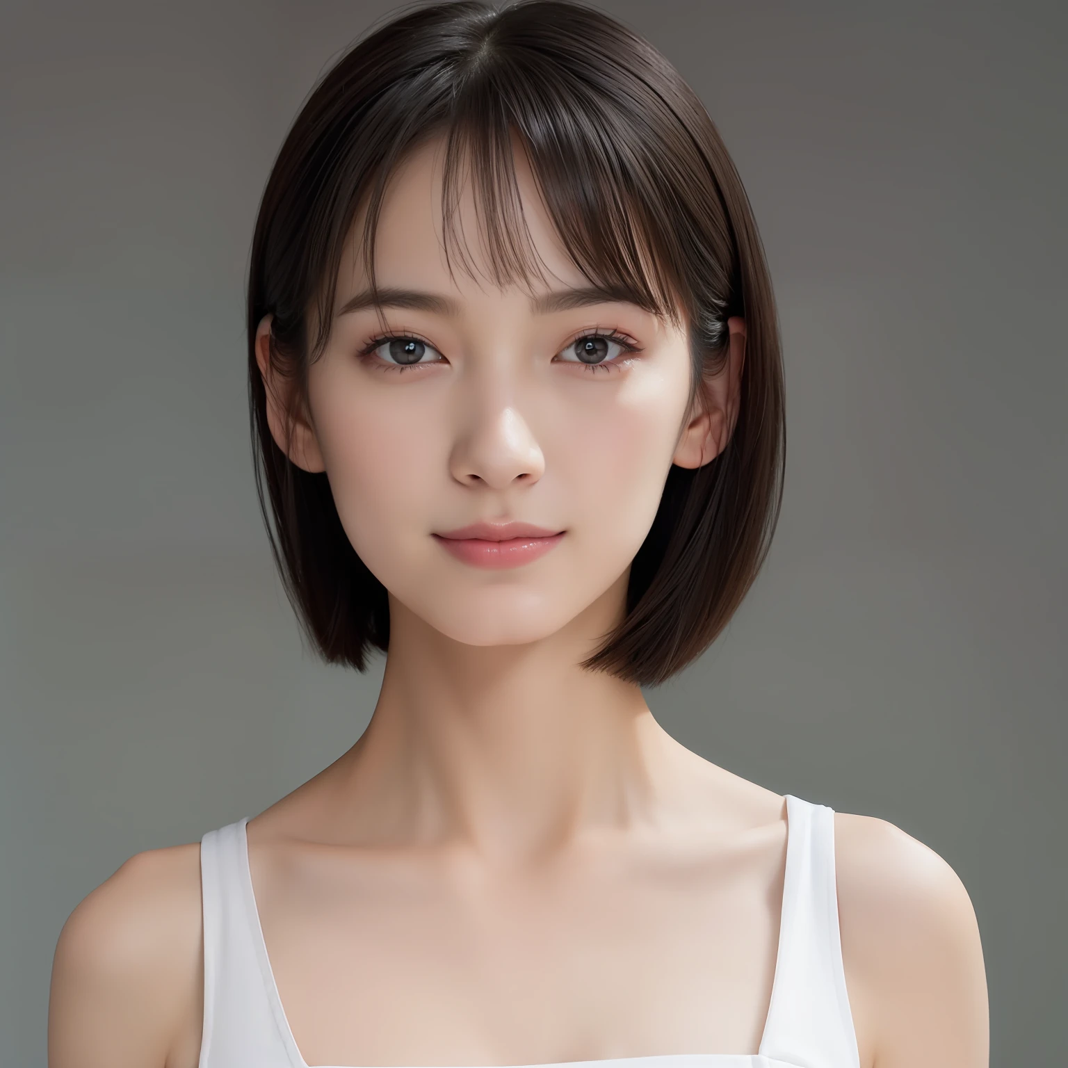 ((masterpiece, top quality, high definition)), 1 girl, (photorealistic: 1.4), solo, white background, snow-white background, mouth closed, happy smile, happy smile, pretty black hair, short hair, big eyes, clear double eyelids, eyelashes, ears out, long neck, long neck, absolute area, ((face close-up)), (drawing all head, shoulders), 19 years old, Attractive proportions, shiny skin, clean collarbone, golden ratio face, perfect face, teardrop mole, mole on chest, bangs, clean bangs, lip gloss, pale lips, pale skin, naked, big breasts, small face, small face, draw all head, draw all shoulders, from side, gaze staring at the camera