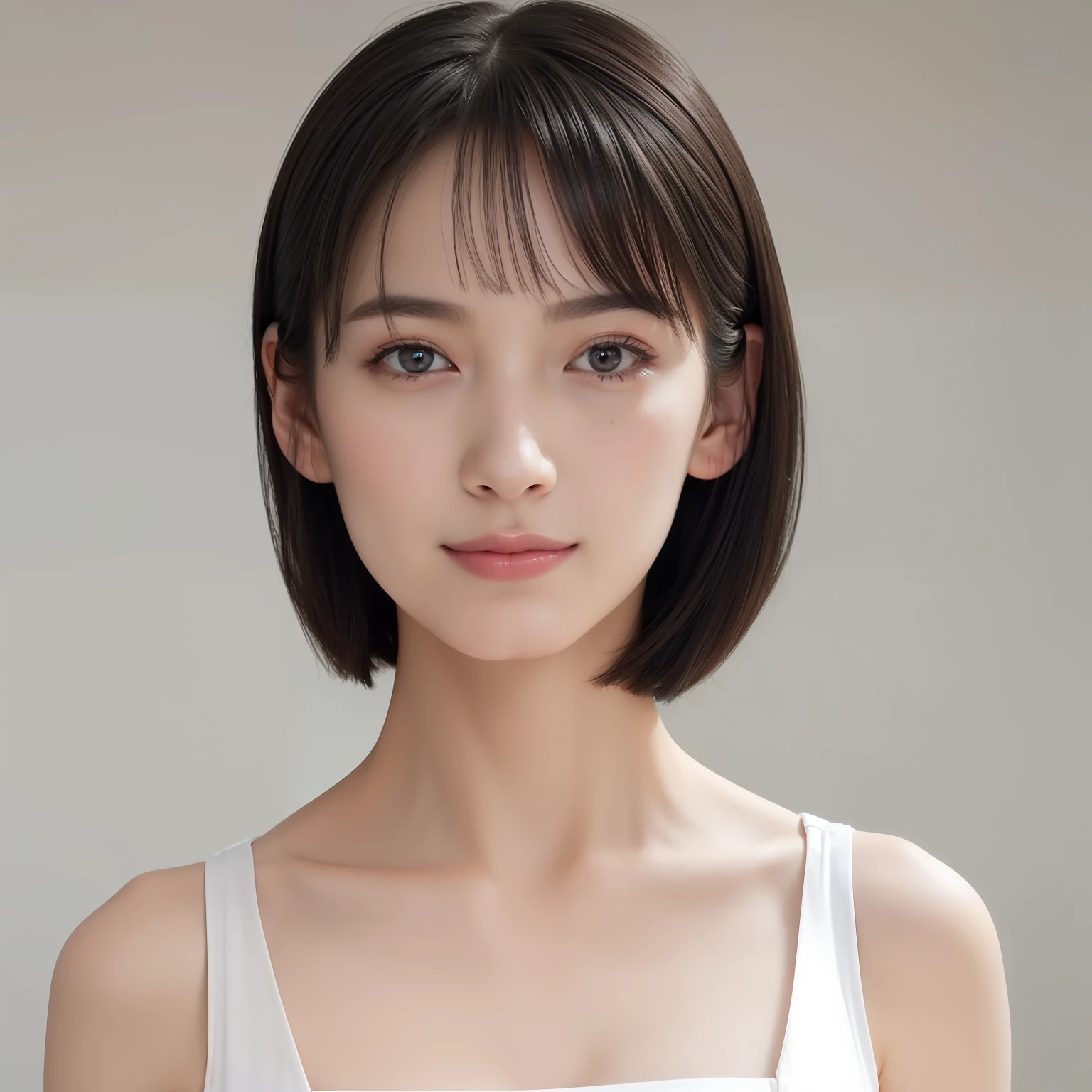 ((masterpiece, top quality, high definition)), 1 girl, (photorealistic: 1.4), solo, white background, snow-white background, mouth closed, happy smile, happy smile, pretty black hair, short hair, big eyes, clear double eyelids, eyelashes, ears out, long neck, long neck, absolute area, ((face close-up)), (drawing all head, shoulders), 19 years old, Attractive proportions, shiny skin, clean collarbone, golden ratio face, perfect face, teardrop mole, mole on chest, bangs, clean bangs, lip gloss, pale lips, pale skin, naked, big breasts, small face, small face, draw all head, draw all shoulders, from side, gaze staring at the camera