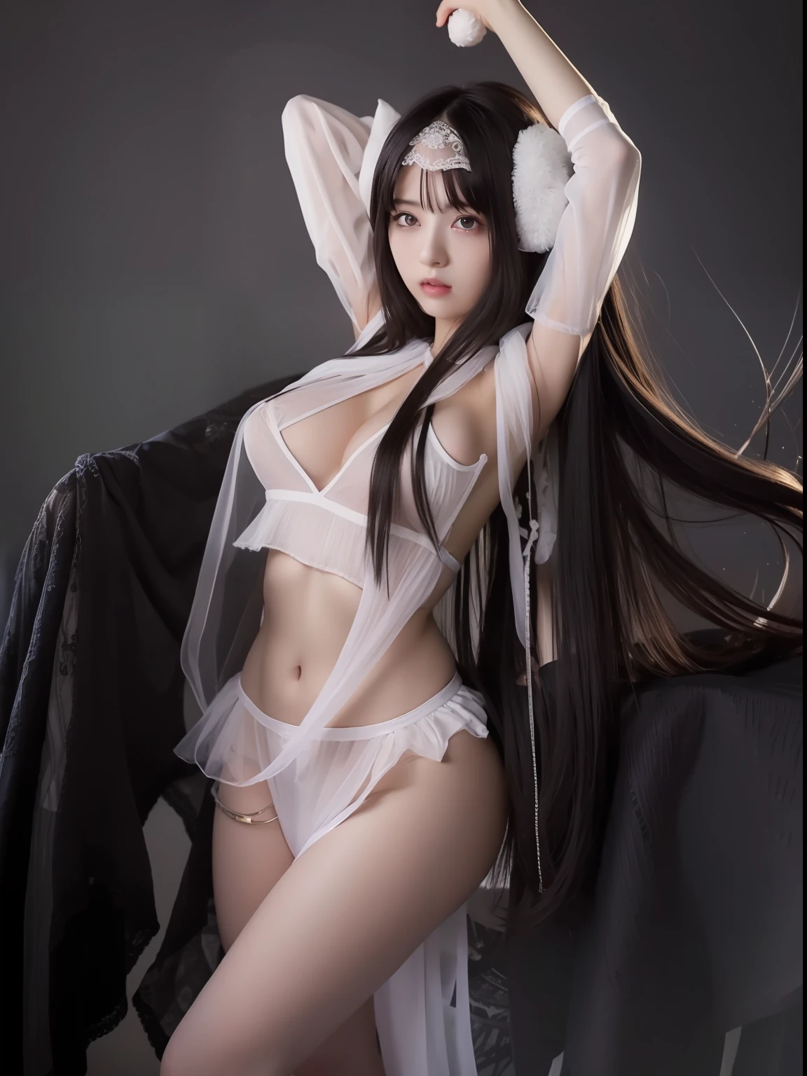 1girl, albedo overlord, long hair, black hair, smooth armpits, transparent dress, white panties, white bra, black wings, white horns, big tits, tiny boobs, realistic, high quality, 70mm lens,