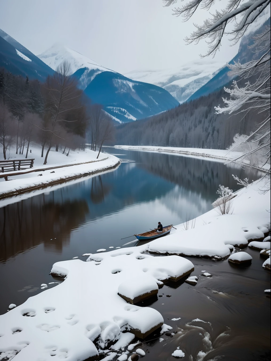 a serene masterpiece captured in ultra-detailed 8k resolution. The image showcases a solitary boat gently floating on a cold river， An old man dressed in a raincoat ，Wear a cape on his head，peacefully fishing alone in this tranquil setting. The atmosphere is serene and peaceful, with the snowy landscape creating a sense of calmness. The image portrays the serenity of the moment, with the solitary boat and the old man adding a touch of nostalgia. The cold river and the snow emphasize the quietness and stillness of the scene, creating a harmonious and peaceful ambiance --auto