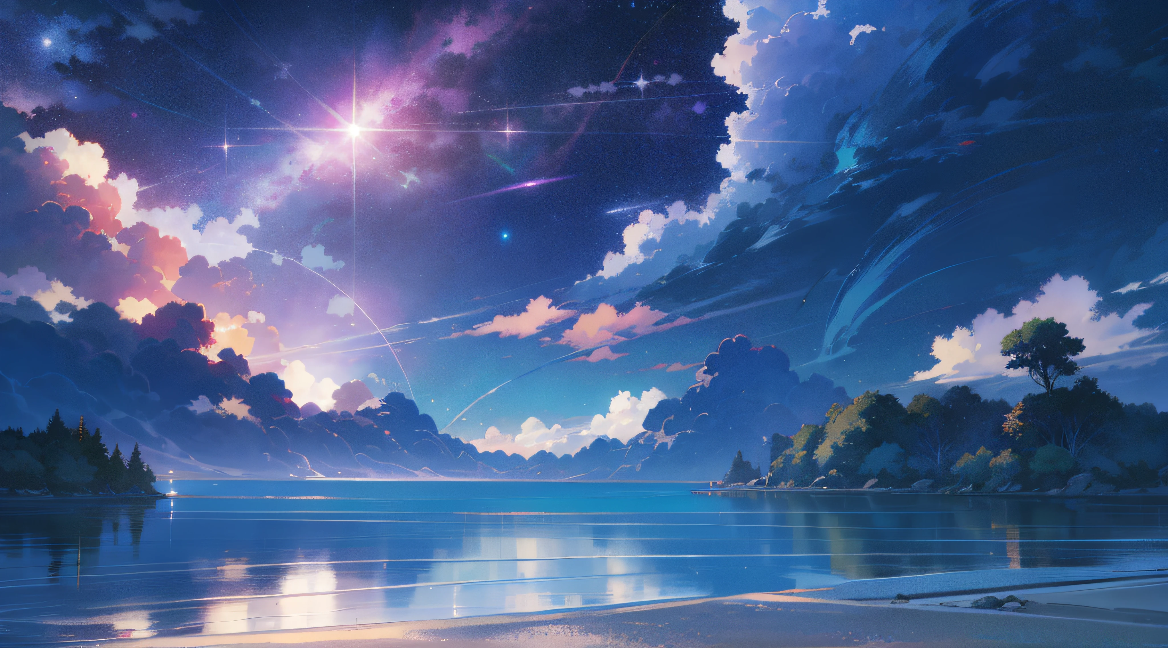 seaside view, starry sky, no humans, scenery, beautiful anime scene, anime sky, healing, relaxation, relax, peace of mind, fantastical, photorealistic, masterpiece, best quality, sharp focus, 4k