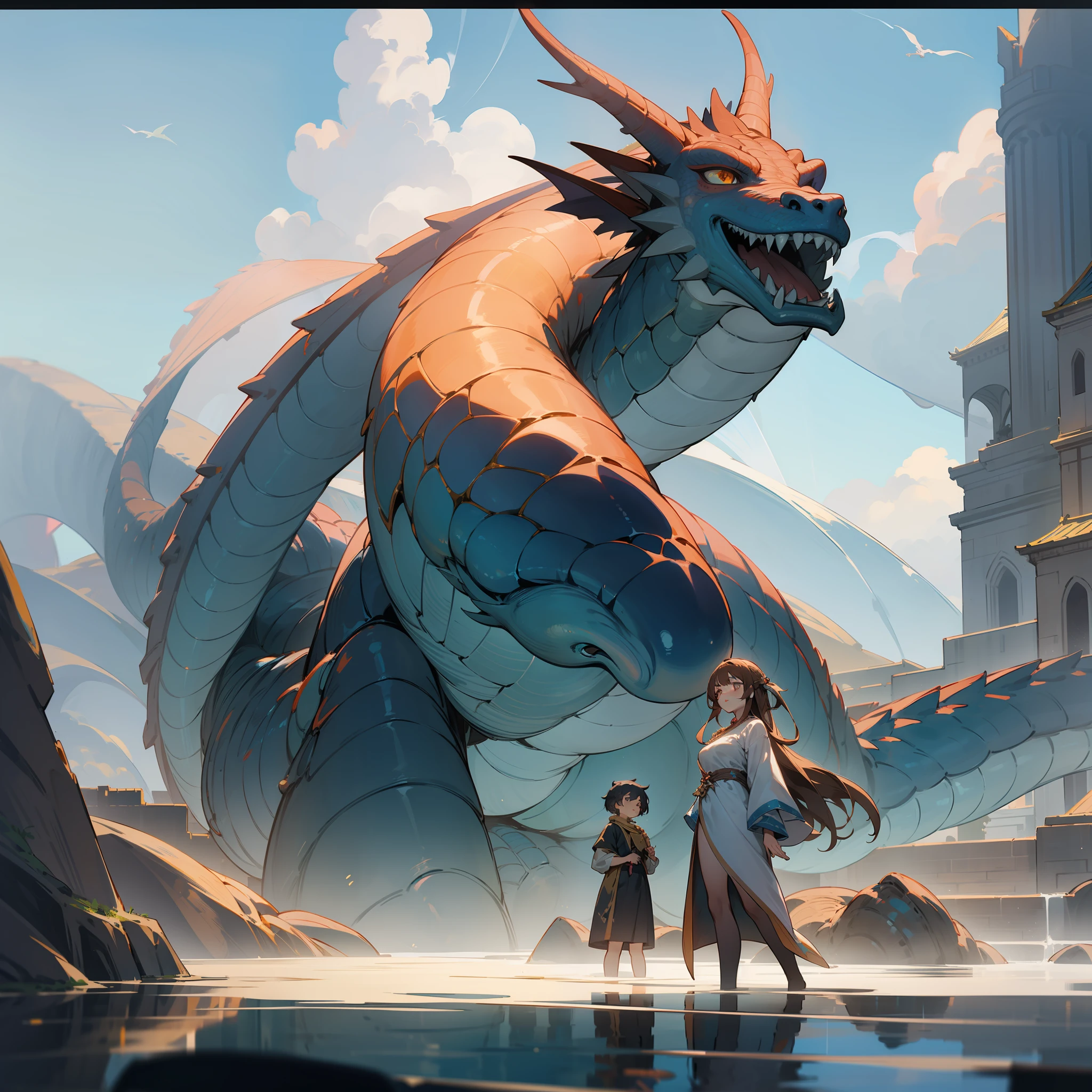 a magnificent city with ancient buildings standing proudly around a vibrant sea. The city is bathed in shades of brown, blue, and grey. A dragon-type monster emerges from the sea, its powerful form soaring into the sky. Its scales shimmer with hints of blue and grey, reflecting the surrounding hues. The dragon's presence evokes a sense of awe and wonder. a beautiful girl gazing up at the dragon. Her expression mirrors the emotion of wonder. She stands before the ancient buildings