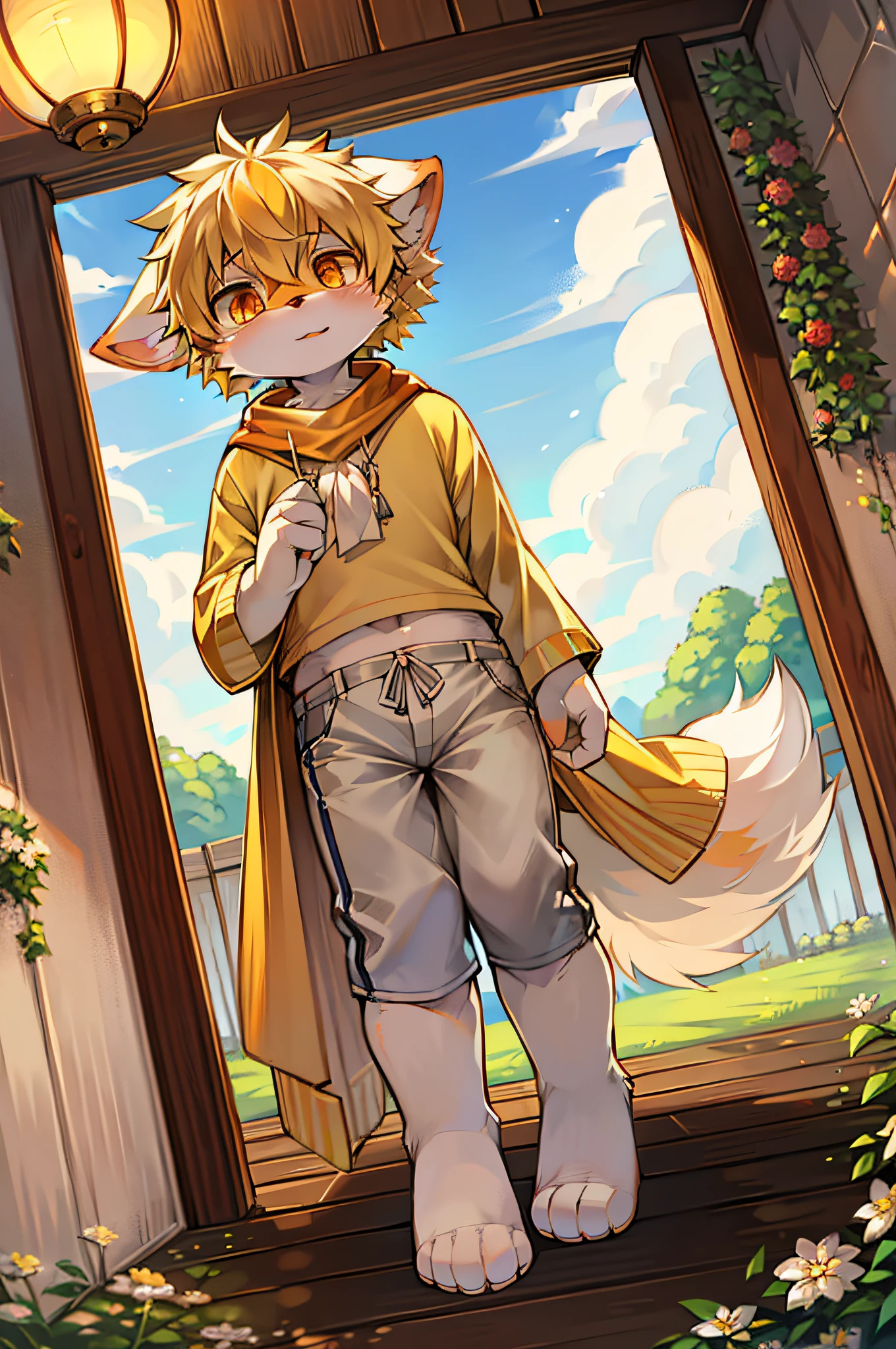 eyes with brightness, in a panoramic view, Character focus.(detailedbackground:0.7), 独奏, shaggy, shaggy male, malefocus, Full Body Furry, Fluffy tail, White fur, orange eyes, golden hair, canid，Canine ears，Solitary child boy，White color blouse，grey shorts，Yellow scarf，spheres，trpical garden，​​clouds，daysies，Skysky，suns，Summer daysies，High-quality portraits，Super cute face