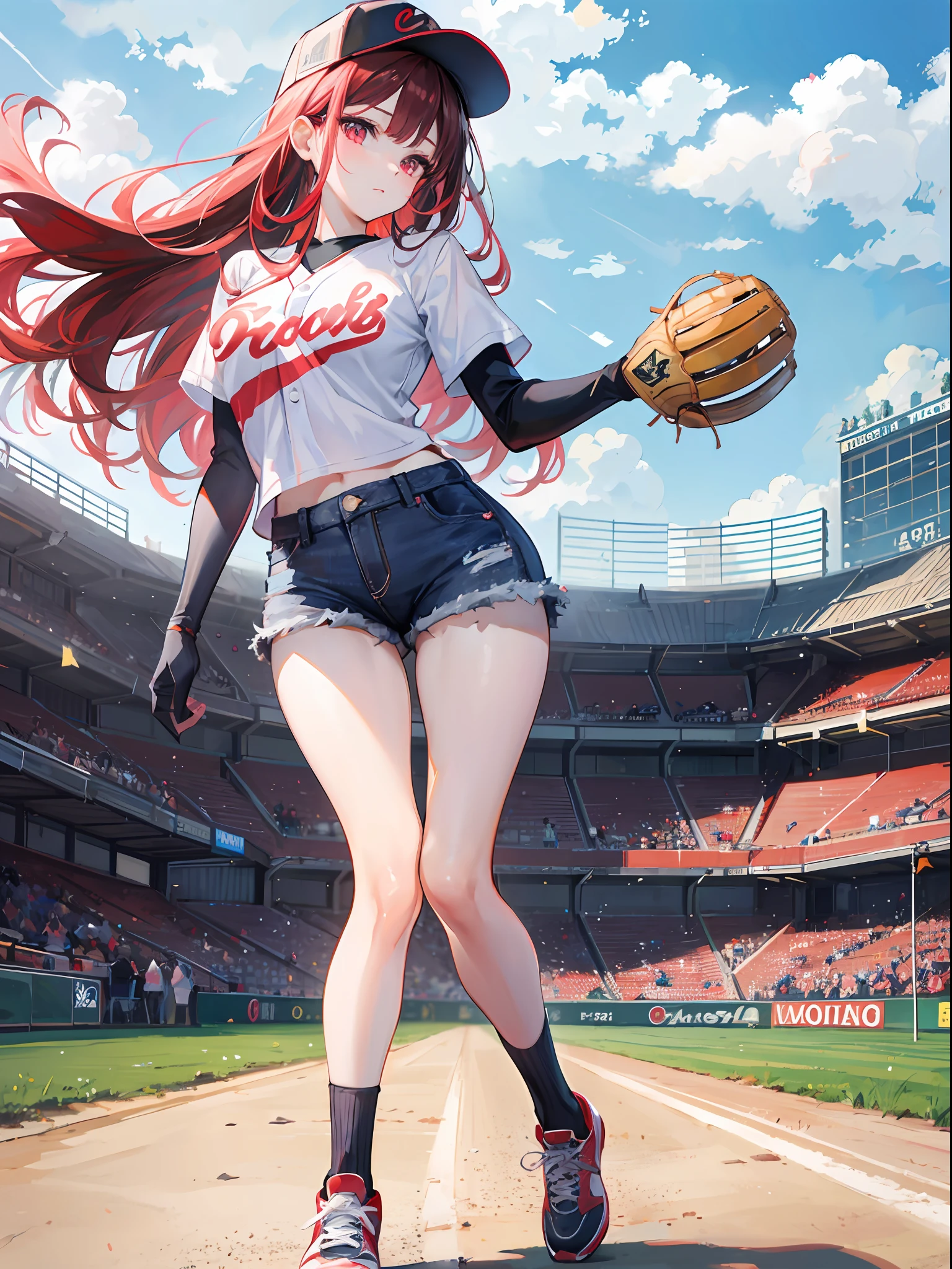 best quality, 4K wallpaper, masterpiece, extremely detailed CG unity 8k wallpaper, extremely detailed eyes, ultra-detailed, 1girl, solo, multicolored hair, red eyes, long hair, plain white shirt, black pantyhose under denim shorts, baseball cap, sport shoes, standing on baseball pitch, throwing position, full body, standing in one leg, baseball gloves, about to throw