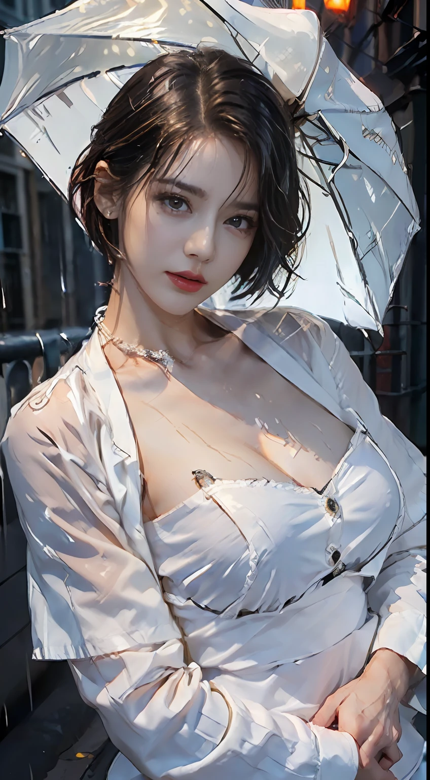 ((Best quality, 8k, Masterpiece :1.3)), Sharp focus :1.2, A pretty woman with perfect figure :1.4, Slender abs :1.2, ((Layered haircut, Big breasts :1.2)), (Wet white button up long shirt :1.1), (Rain, Street:1.2), Wet body :1.5, Highly detailed face and skin texture, Detailed eyes, Double eyelid