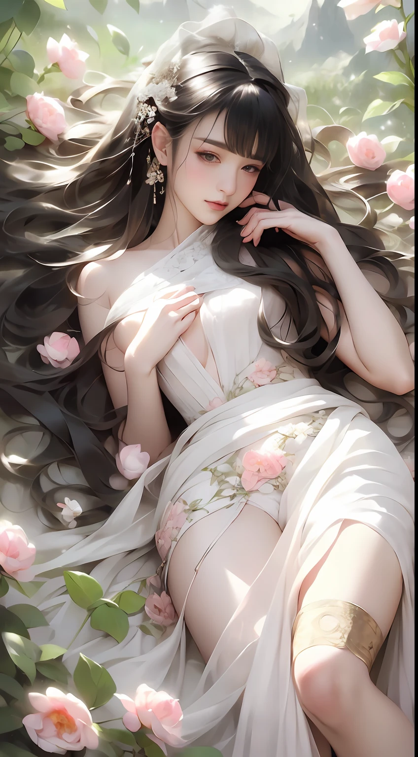 1 girl, full body photo, black hair, flowing hair, hazy beauty, extremely beautiful facial features, white embroidered dress, hairpins on her head, lying in a flower bush, hand dragging chin, perfect hand, white flower, (spring, rainy day, terraces, mountains), simple vector art, contemporary Chinese art, soft light, entangled scarf, overlook