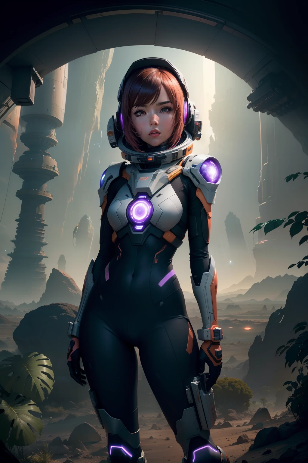 an extreme long shot of an armored female space and planet explorer in an open and large terrain, open terrain of an arid alien world with Saturn like planets visible in the night sky, sci-fi planet-scapes as far as the eye can see satellites spaceships and shooting stars, alien mega city in the distance with spiral buildings reaching to the sky, hyperdetailed photorealistic 24k resolution in the style of Ray Bradberry, orange pink inky black and purple color scheme.