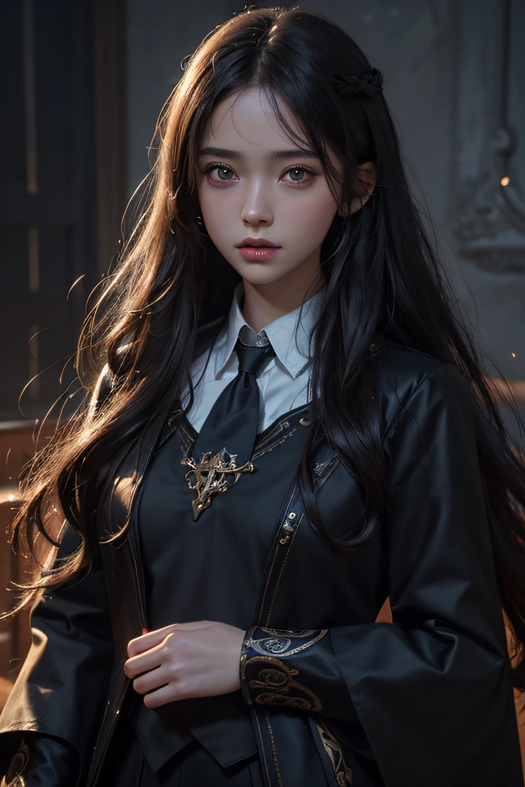 Portrait of a naïve young girl,Dark magic school uniform,long light curly hair,Cast bright, massive magic spells around yourself,Energy overflow,Highly detailed digital painting,trending on artstationh,pixiv,concept-art,Keen focus,illustratio,Art by Ross Strong and Greg Rutkowski and Walt Disney Animation,photographrealistic,动态照明,artstation,poster for,Volumetriclighting,Very detailed faces,4 k,Award-Awarded,,1girl,in the darkness nigth,deep shading,low tune,Cowboy photos,(formal outfit:1.4),long whitr hair,whaite hair,