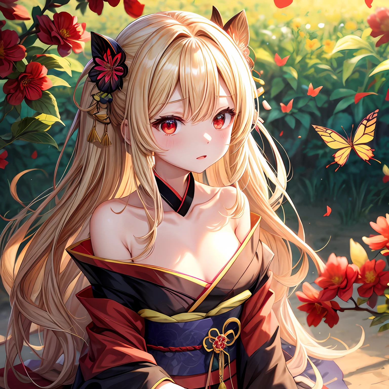 a blond、Hair is up、red eyes、One pretty girl、独奏、animesque、dark colored kimono、flower  field、butterflys々、Shoulders are protruding
