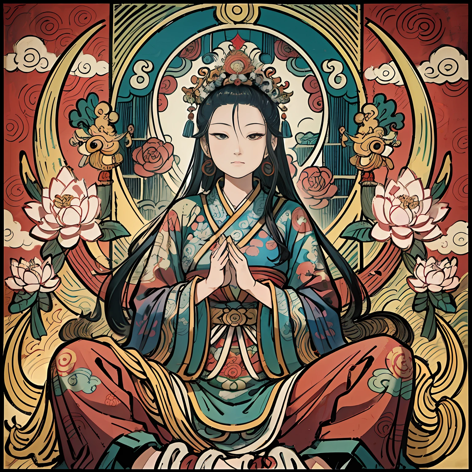 an ancient Chinese goddess, guanyin of the southern seas, Guanyin, Inspired by India, Avalokiteshvara rides a phoenix,,Serene expression,shui mo hua,Buddha,Buddhist,Lotus,Chinese painting style,Thangka style