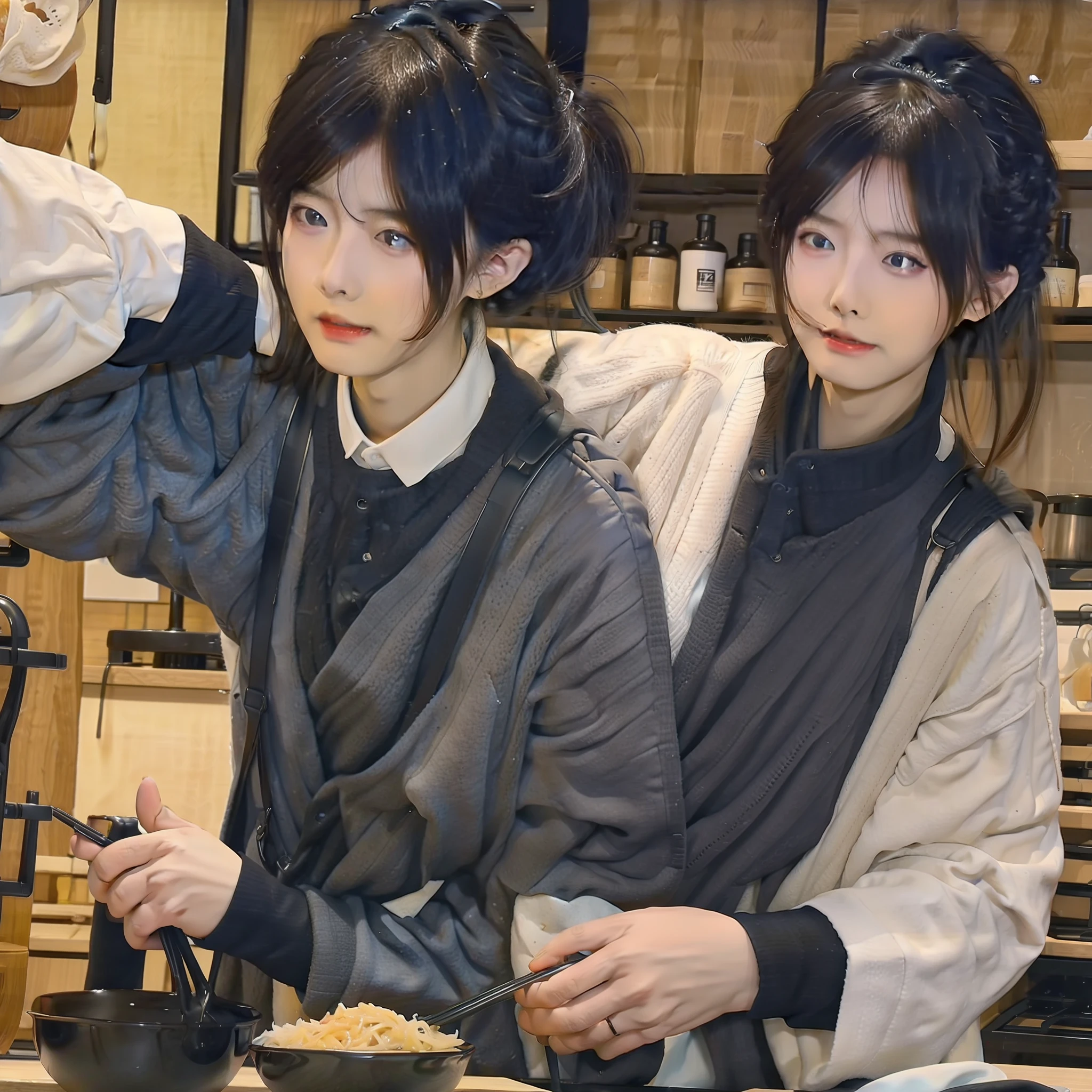 Cai Xukun wears gray suspenders and black sweater,Sauté rice noodles in the kitchen,A bottle of chicken essence was added