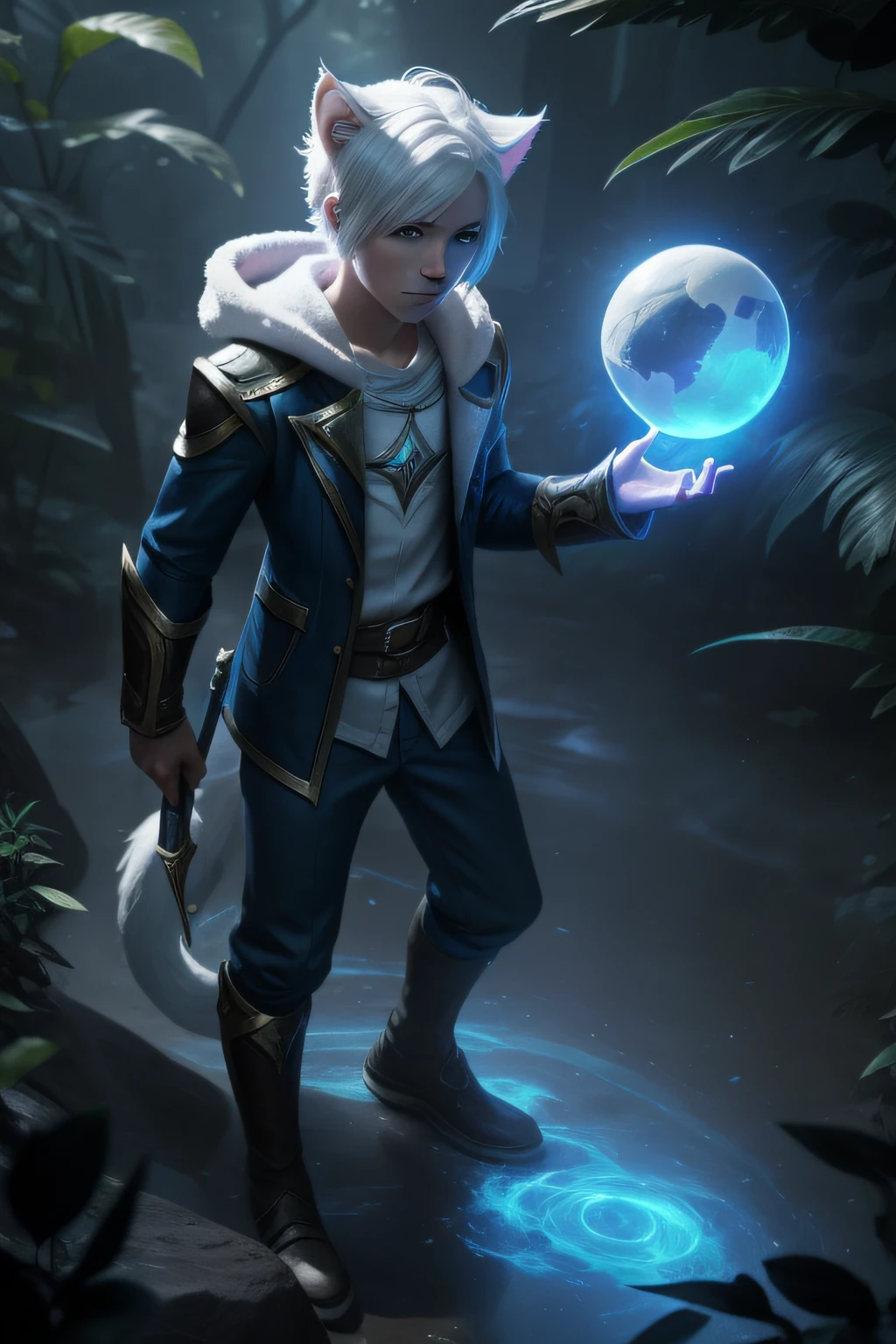 league of legends, splash art, full body, human, white hair, white cat ears, short height, male, rpg, nature background, magic boy, explorer clothes, **********, magic effects, vlue magic effects, blue effects, blue orb