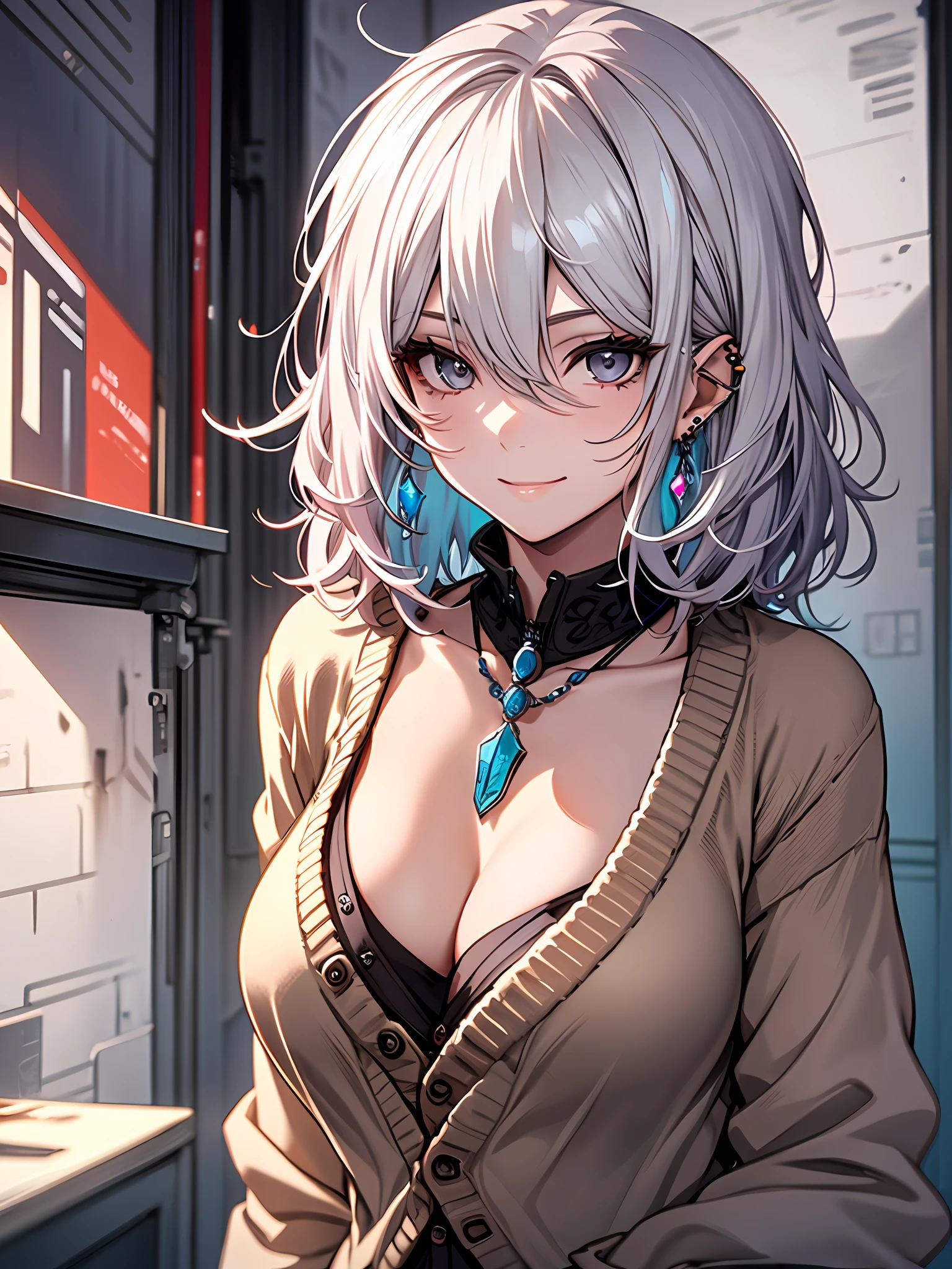 touhou project, realistic, intricate detail, girl,woman,female, young,20 years old, medium hair, bob cut, wavy hair,(white hair:1.5), (pink colored inner hair),delicate and intricate hair, delicate beautiful face, smile, complex details beautiful and delicate eyes, cleavage, (zettai_ryouiki), (grey eyes), Authentic skin texture, piercing, Lots of earrings,necklace,(((cardigan))) ,(Unreal Engine,Digital Art,the Extremely Detailed CG Unity 8K Wallpapers),