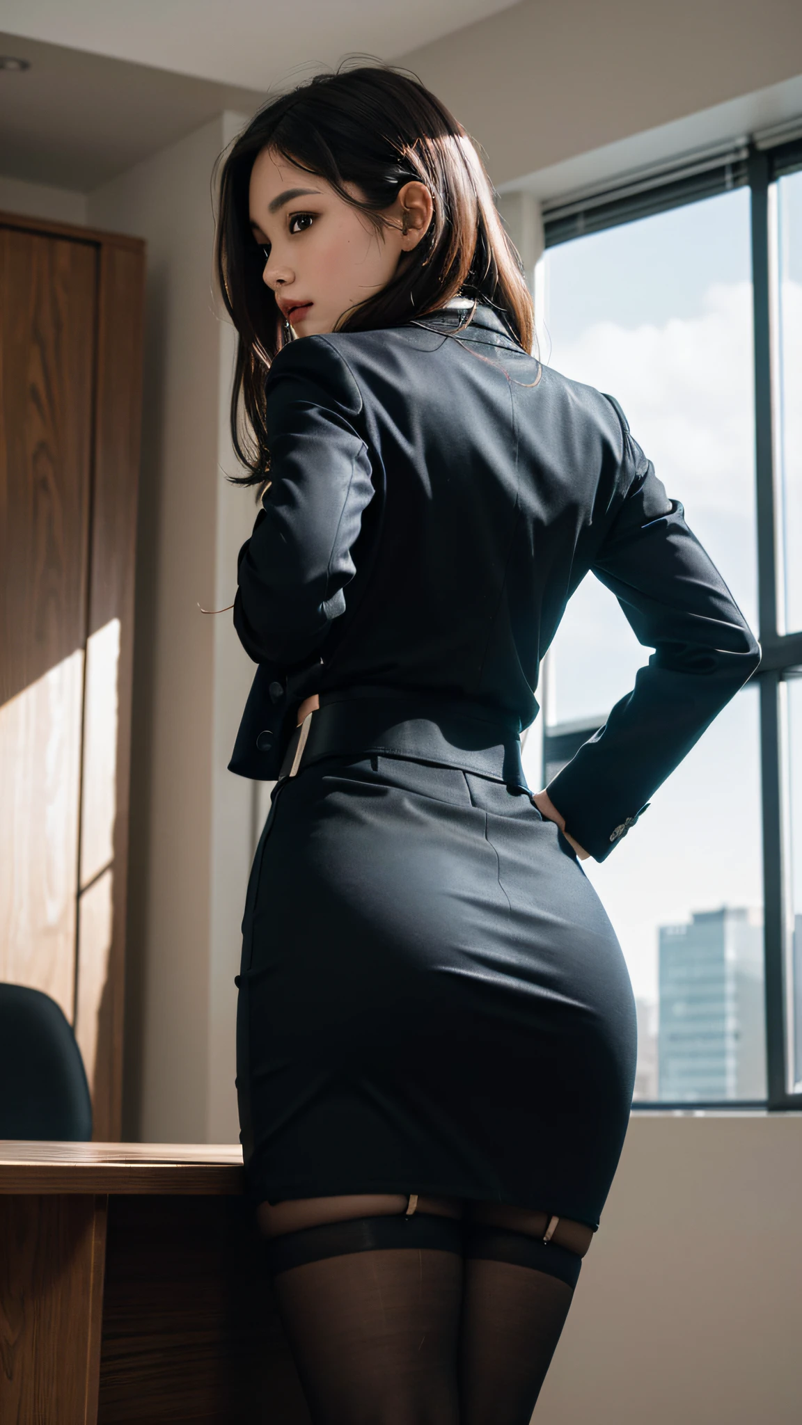 (masterpiece, best quality, extremely detailed, 8k, wallpaper, ultra-detailed), (RAW photo:1.2), 1girl, solo, indoor office, small head, hands on hips, black stockings, pencil skirt, business suit, upskirt, bending over office table, office background, back view