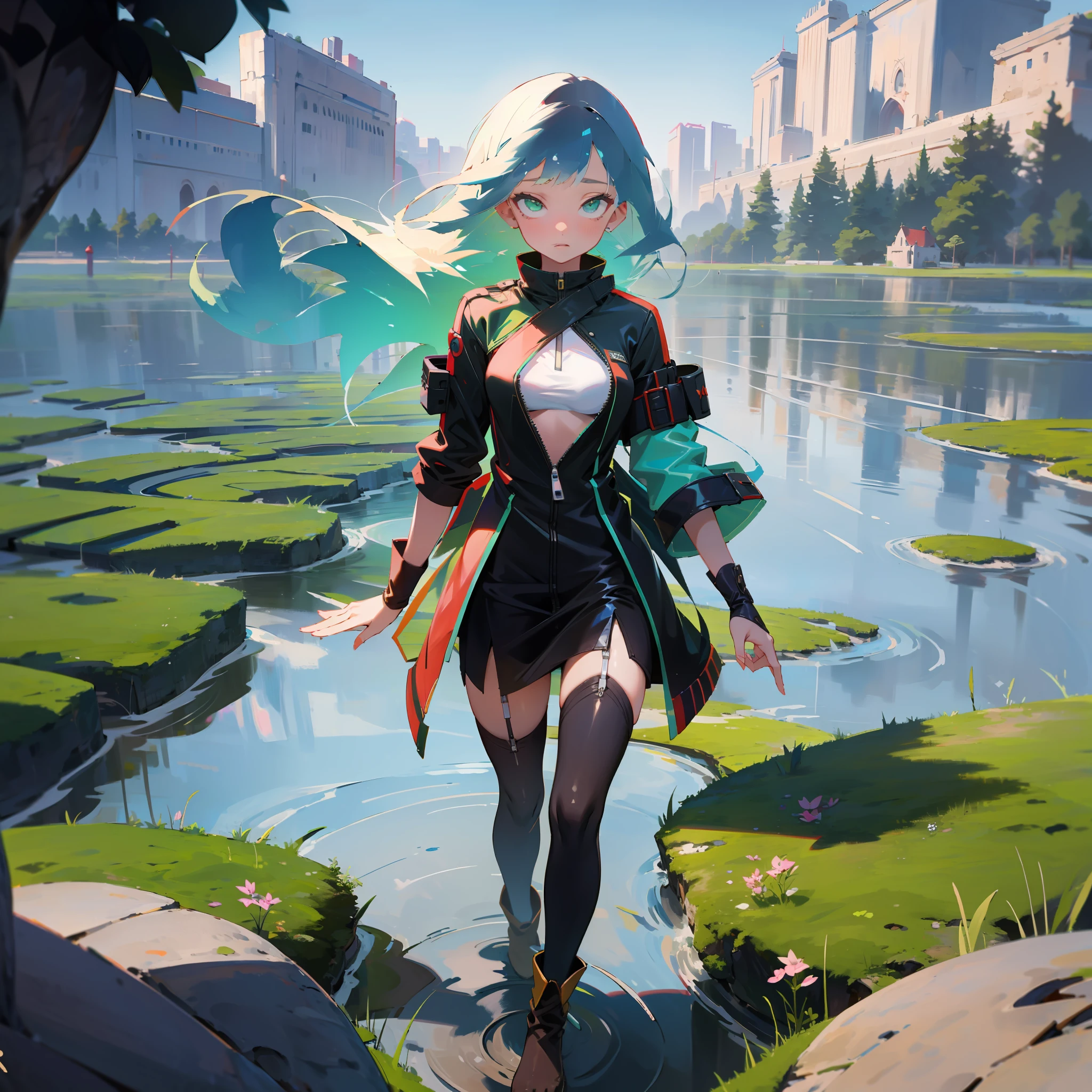 MKSKS style, (Very detailed background:1.0), (highly detailed back ground:1.0), 1girll, full_Body,, partly_unzipped, Masterpiece, Best quality, (1girll, Solo, Girl:1.2), Lake, Grass, walking on the water, Jumps, Stone ruins, color difference, Depth of field, Soft illuminated surface,Face only,White hair,Green eyes,Long hair,Floating hair,Small breasts,From above