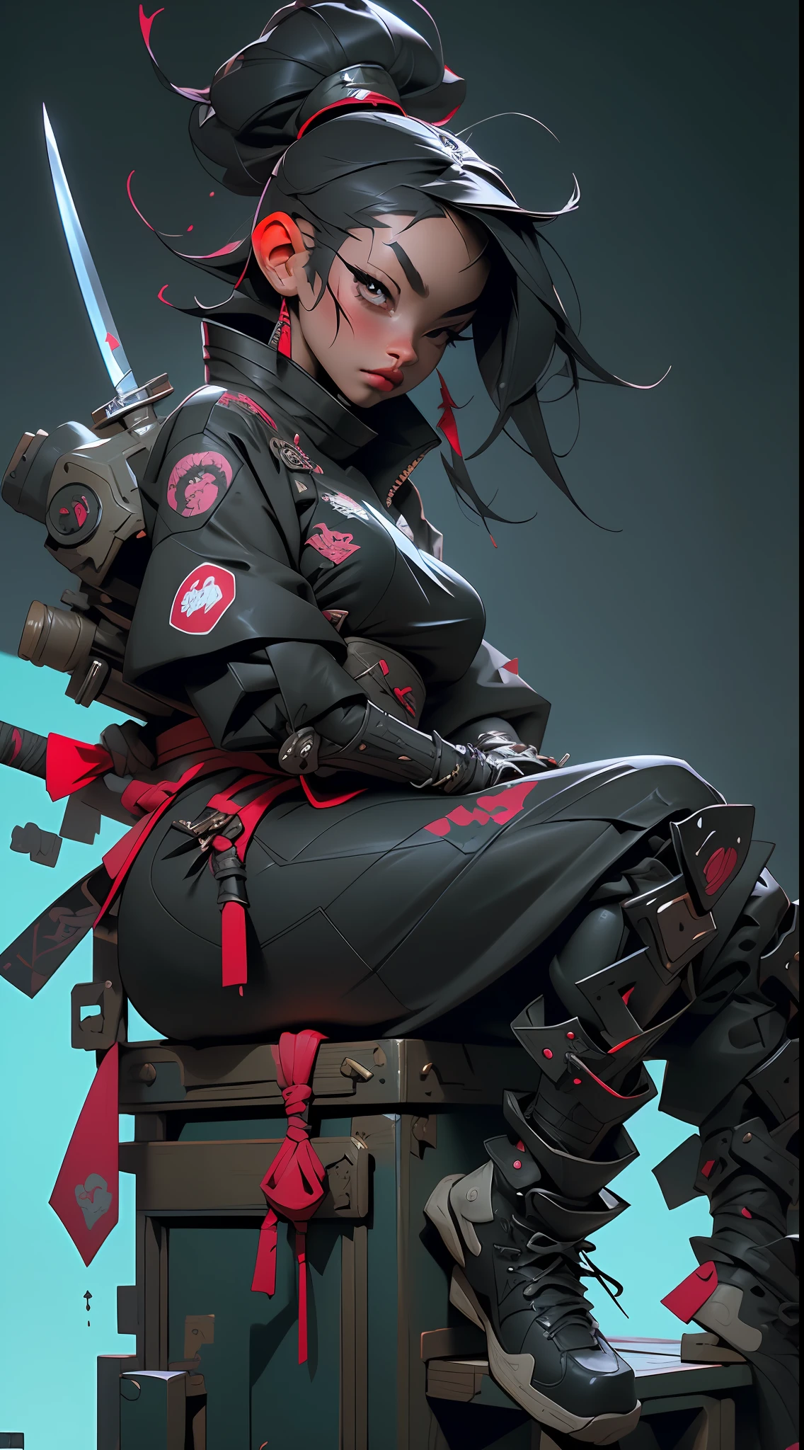 a woman sitting on a box with two swords in her hand, very beautiful cyberpunk samurai, wearing japanese techwear, wearing techwear and armor, anime cosplay, photograph of a techwear woman, cyberpunk samurai, cyberpunk streetwear, samurai style, techwear fashion, future techwear, samurai outfit, anime girl cosplay, techwear look and clothes, cyberpunk nun warrior, techwear