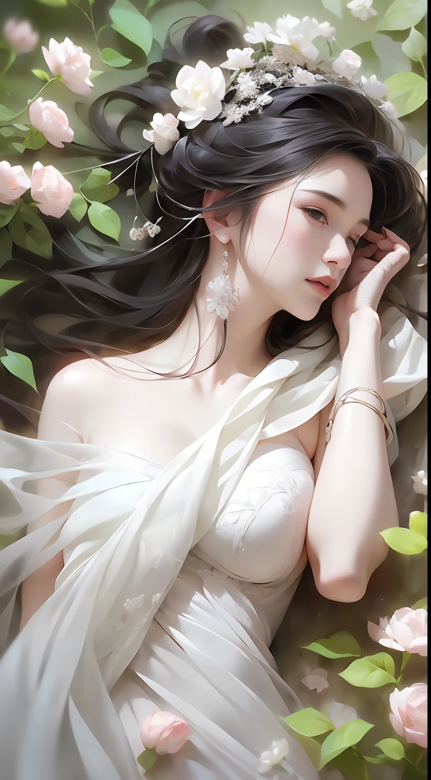 1 girl, full body photo, black hair, flowing hair, hazy beauty, extremely beautiful facial features, white embroidered dress, hairpins on her head, lying in a flower bush, hand dragging chin, perfect hand, white flower, (spring, rainy day, terraces, mountains), simple vector art, contemporary Chinese art, soft light, entangled scarf, overlook