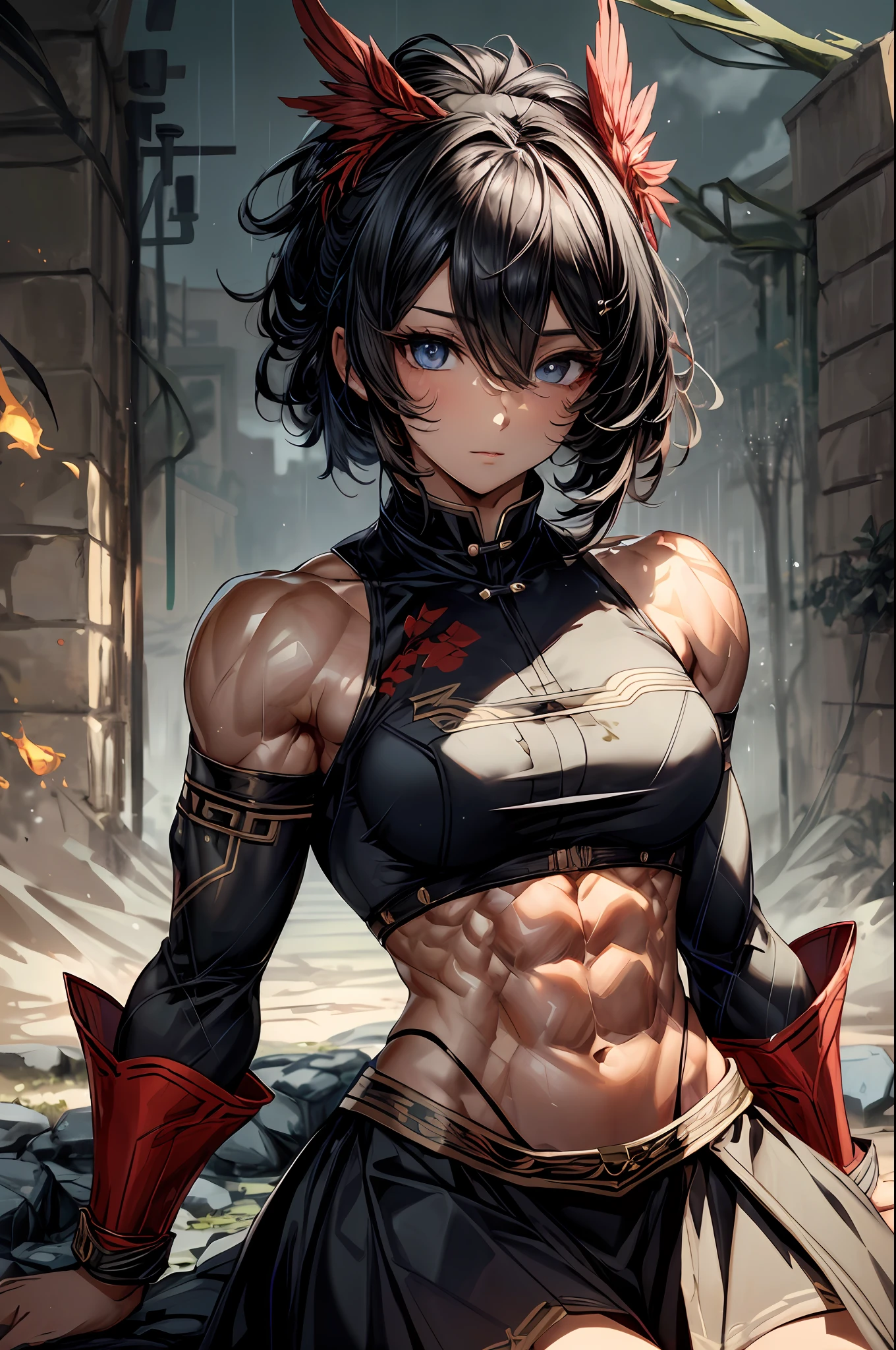 8K, complex, elegant, Highly detailed, Majestic, Digital photography, cowboy lens, surrealism painting, Broken rubies, Beating magic, Entwined fire magic, (Masterpiece, Side light, Fine beautiful eyes: 1.2), hdr, Void 5 Energy Storm, (Chinese girl, Black eyes: 1.5), Pale skin, Glowing skin, ( Sitting on a stone: 1.5), Delicate face, Black hair, Wearing palatial red armor, Bare shoulders, navel, Short skirt, Exquisite red armor, rained, Beautiful, Looking at the audience, Turn away from the camera, Masterpiece, Upper body,Portrait,Muscular,musculature,Strong,Abs