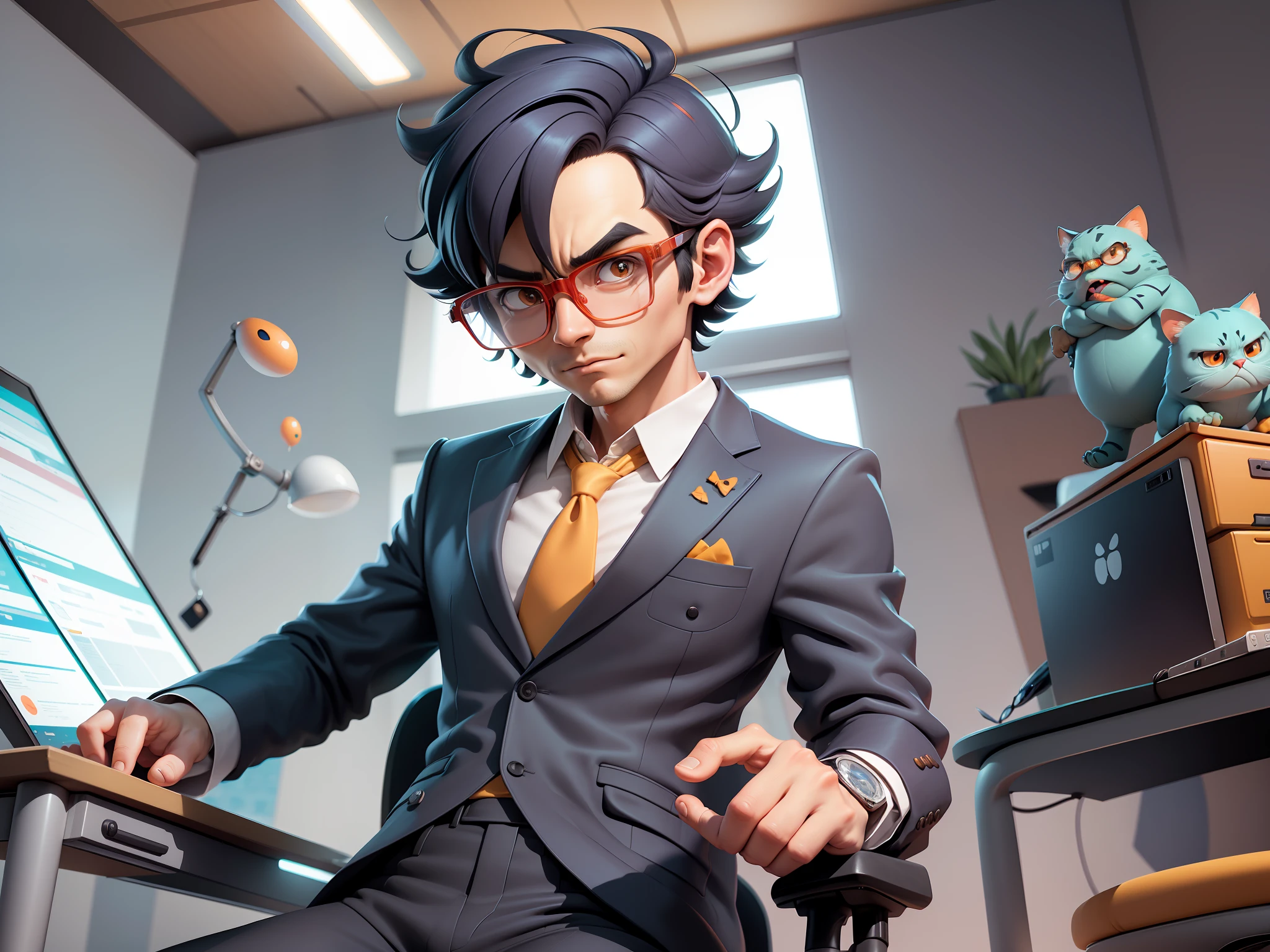 A young man in a suit, Short hair and glasses sat at his desk，holding laptop，digitial painting，tigre，3D character design by Mark Clairen and Pixar and Hayao Miyazaki and Akira Toriyama，4K HD illustration，Very detailed facial features and cartoon-style visuals。