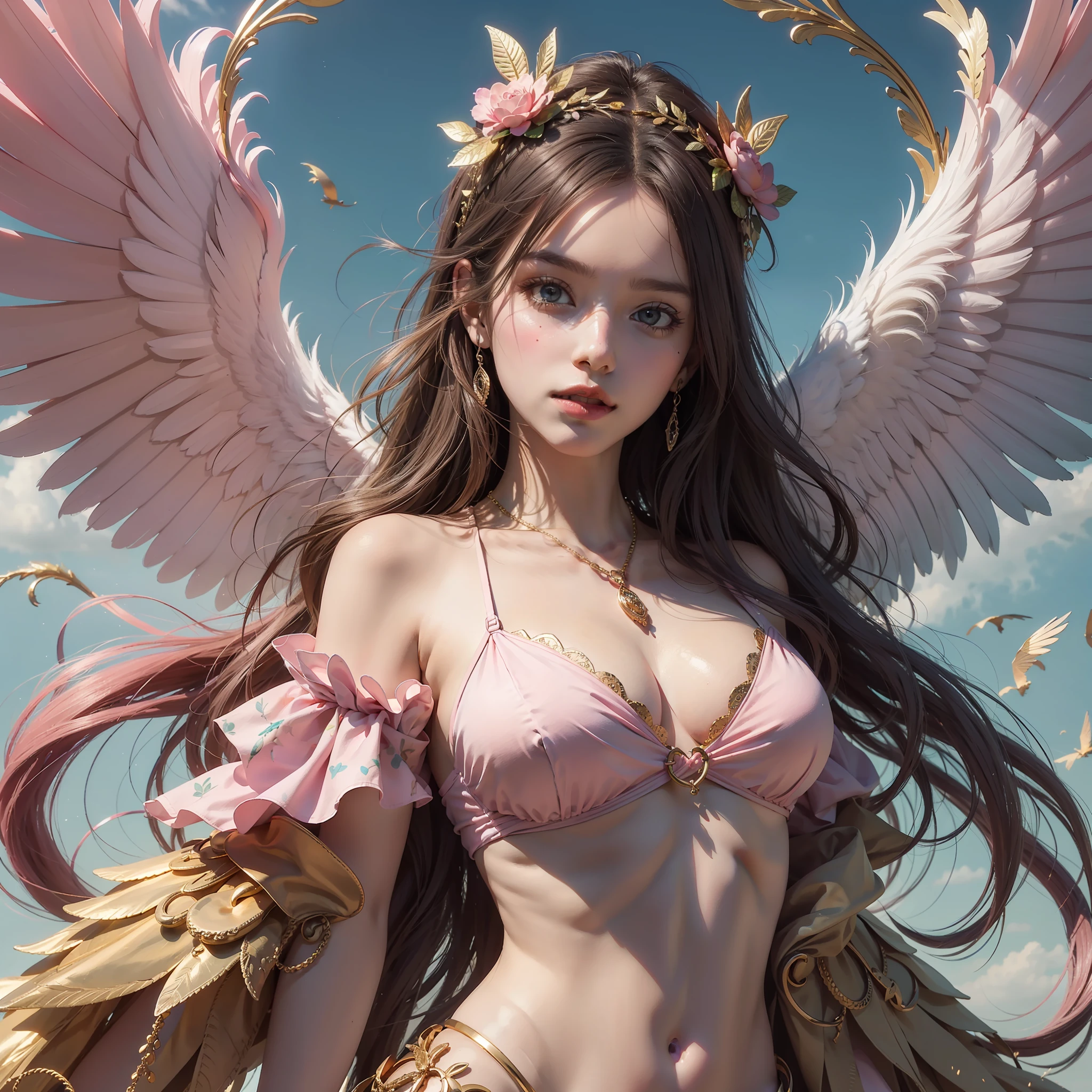 Unbeatable masterpiece, Ultra photo realsisim, Perfect artwork, Intricate details, Best quality, Strong light,High contrast, 1 girl,Solo, Teenage, pink dressmiddle breast, pairs of pink bird wings on head, Gold necklace, Simple background, full bodyesbian, Floating in the sky, looking at viewert, ((巨作)), ((Best quality)), ((highly-detailing)), (Detailed face), (offcial art),