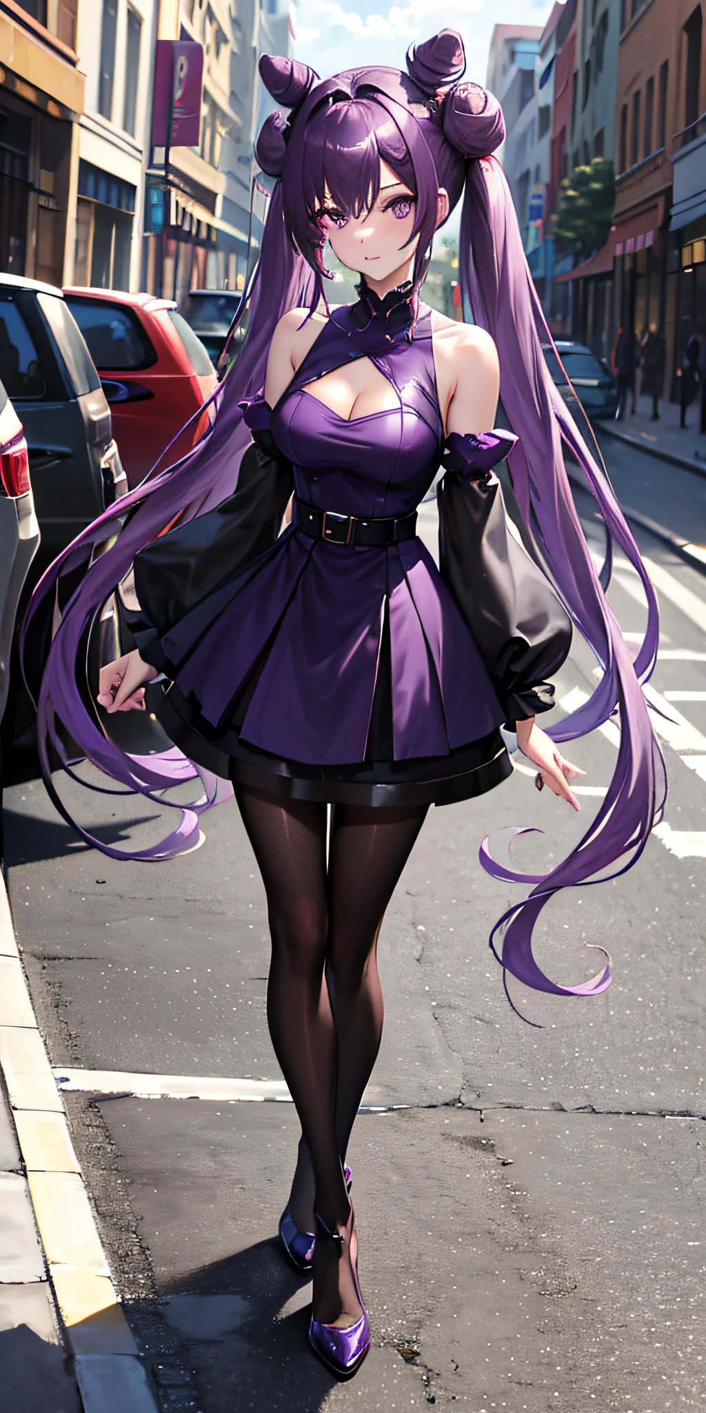 masterpiece, highquality, highres, 8k, high heels, purple eyes, pantyhose, cone hair bun, twintails, long hair, purple hair, black footwear, hair bun, looking at viewer, dress, black pantyhose, standing, detached sleeves, bare shoulders, purple dress, day, breasts, Street, (Depth of field:1.2), (slender legs:1.1), .