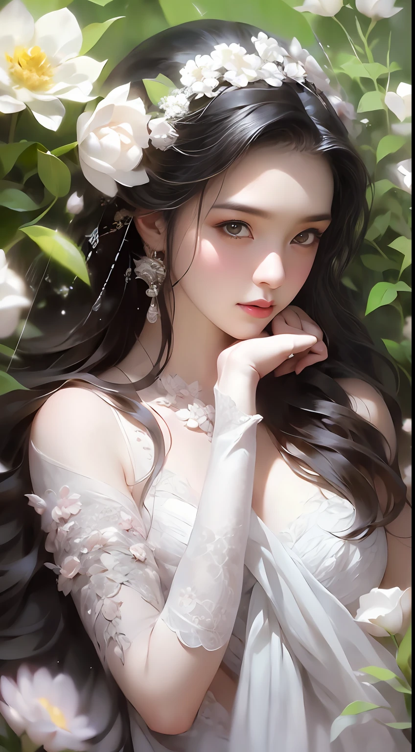 1 girl, full body photo, black hair, flowing hair, hazy beauty, extremely beautiful facial features, white embroidered dress, hairpins on her head, lying in a flower bush, hand dragging chin, perfect hand, white flower, (spring, rainy day, terraces, mountains), simple vector art, contemporary Chinese art, soft light, entangled scarf, overlook