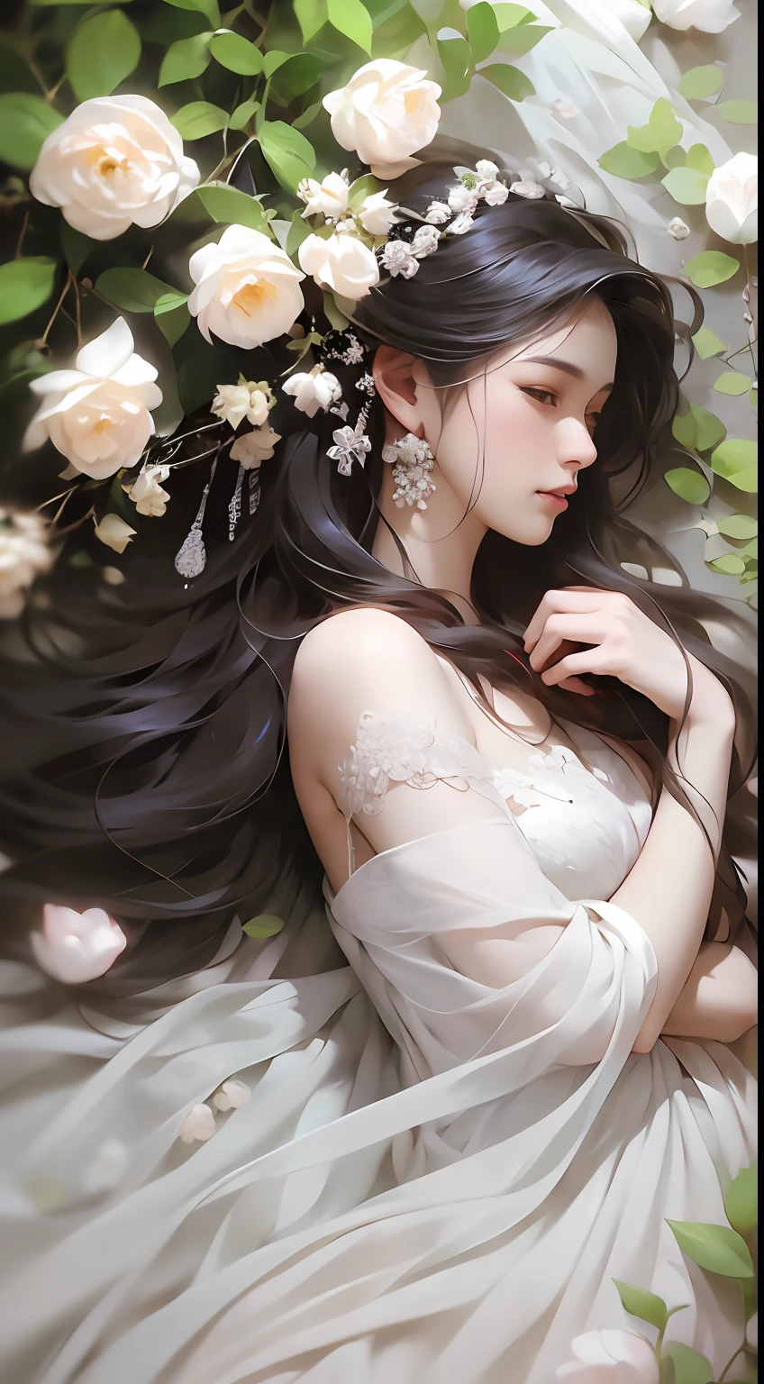 1 girl, full body photo, black hair, flowing hair, hazy beauty, extremely beautiful facial features, white embroidered dress, hairpins on her head, lying in a flower bush, hand dragging chin, perfect hand, white flower, (spring, rainy day, terraces, mountains), simple vector art, contemporary Chinese art, soft light, entangled scarf, overlook