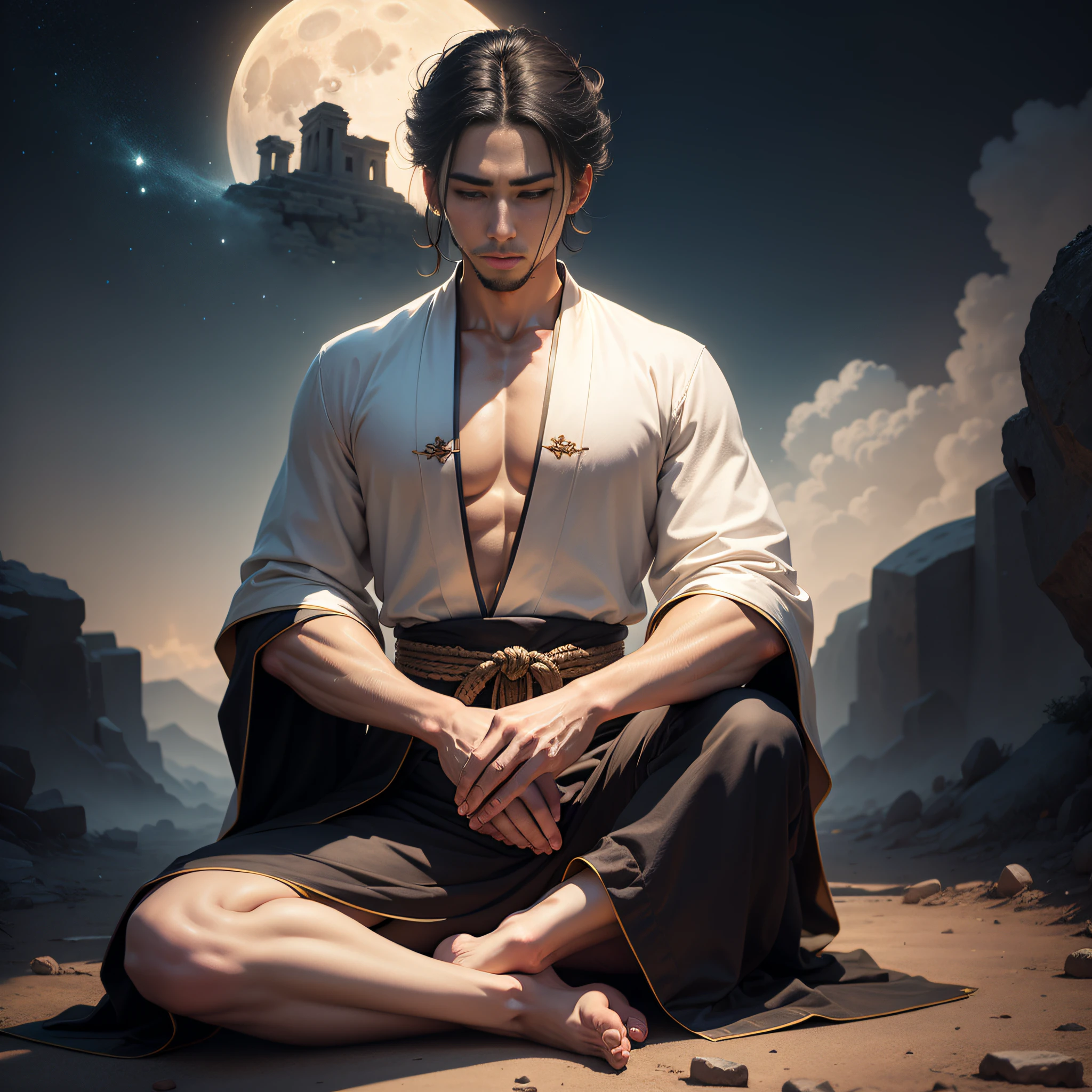 Moon crown，male people，[Meditate cross-legged]，Blank background，Taoist robes，Positive perspective，Taoist hairstyle，[solo person]，in a panoramic view，Correct body proportions，figure silhouettes，[with hands resting on knees]，ancient costume