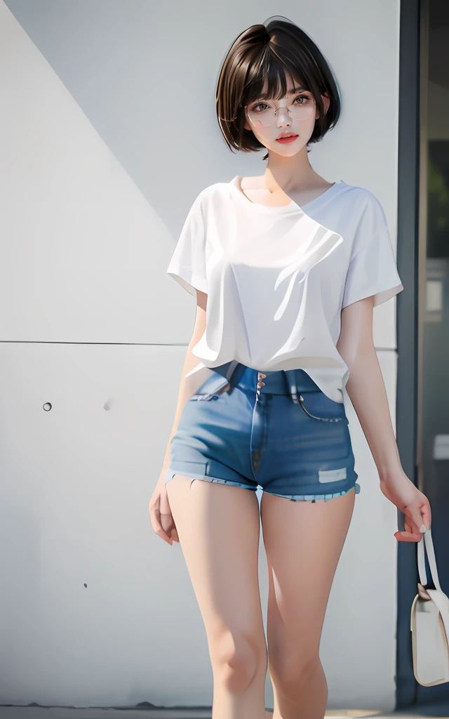 with short black hair,slanted bangs,eye glass,Beautuful Women,white shirt,denim short