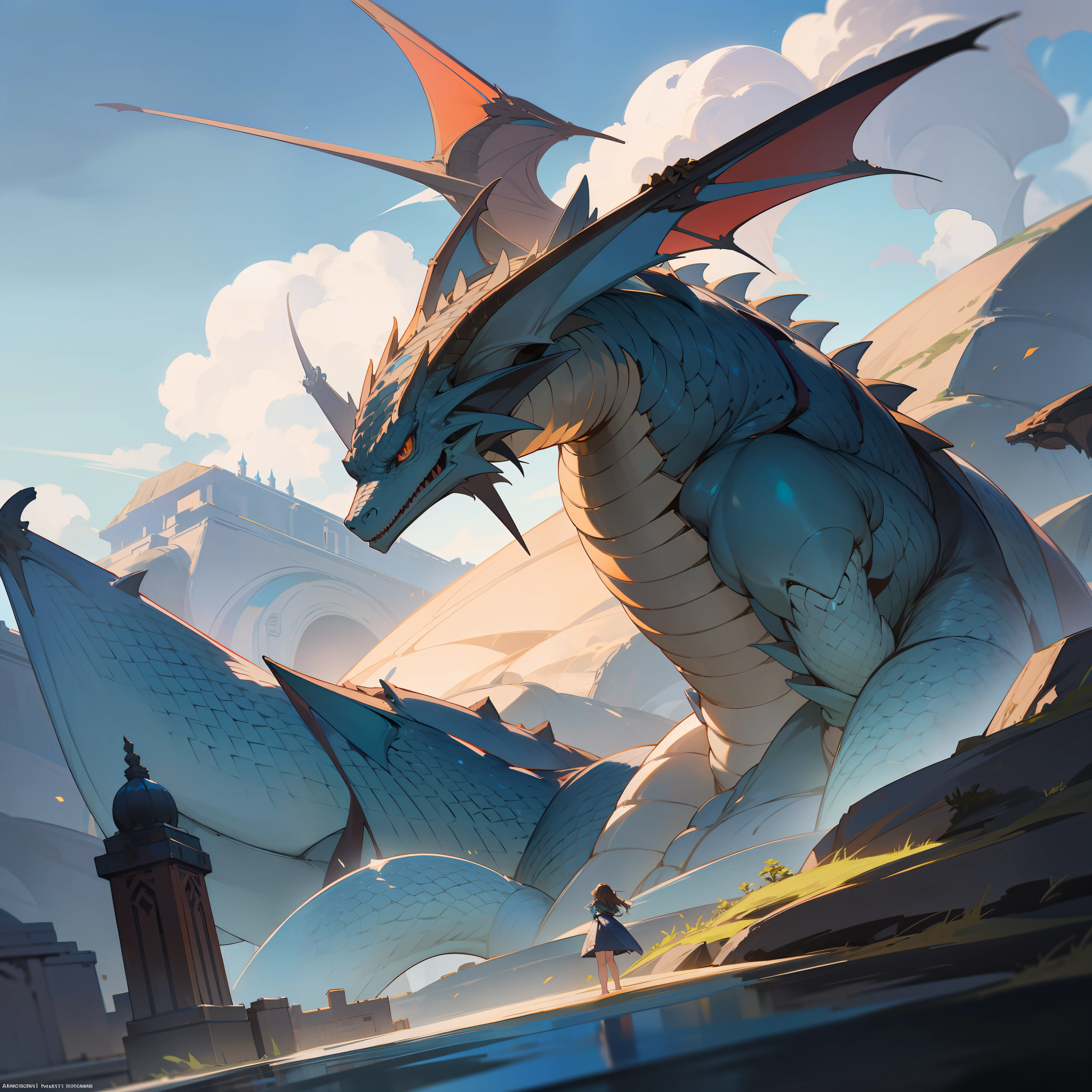 a magnificent city with ancient buildings standing proudly around a vibrant sea. The city is bathed in shades of brown, blue, and grey. A dragon-type monster emerges from the sea, its powerful form soaring into the sky. Its scales shimmer with hints of blue and grey, reflecting the surrounding hues. The dragon's presence evokes a sense of awe and wonder. a beautiful girl gazing up at the dragon. Her expression mirrors the emotion of wonder. She stands before the ancient buildings