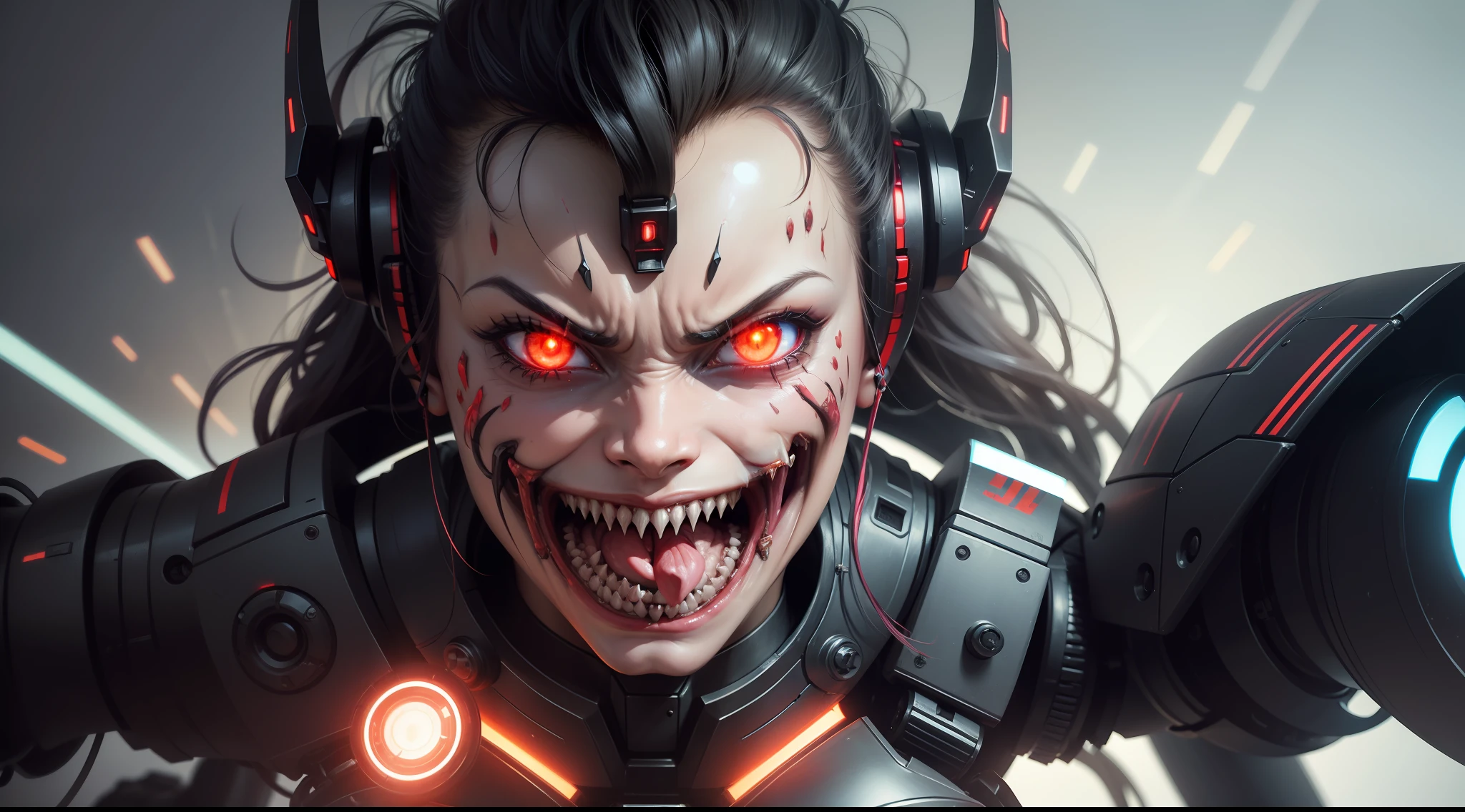 A closeup of a robot with a bright woman's face and a screaming face, horrific digital art, raiva. hiper detalhado, ciborgue derretido, a disembodied head screaming, translucid. biomechanical cyborg, biomechanics open chewing mouth, evil artificial intelligence, Arte do Exterminador do Futuro, depraved cybernetic demon, transumano intrincado, angry female cyborg