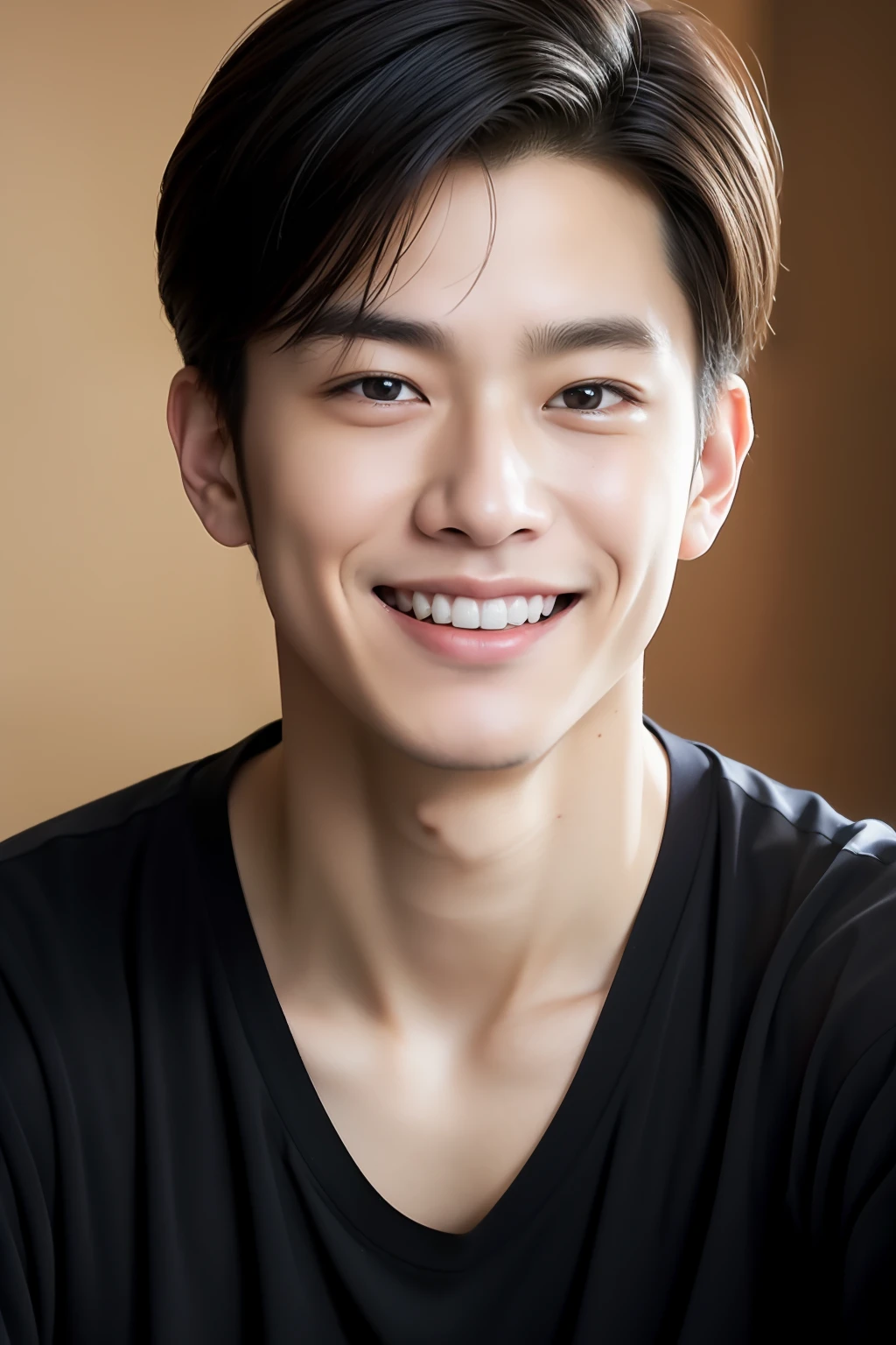 top-quality, ​masterpiece, 超A high resolution, (realisitic: 1.4), Original photo, wall-paper, Head Photo, The skin, simple background, Black eyes, detaileds, a smile、selfy, 1 boys, 18 years old, a handsome, Duan、a room、co-sleeping、Amazing handsome man、Cute、Center Part、Johnny's、A face like Ryo Yoshizawa、Refreshing、not too thick eyebrows、orthodox christianity、musculature