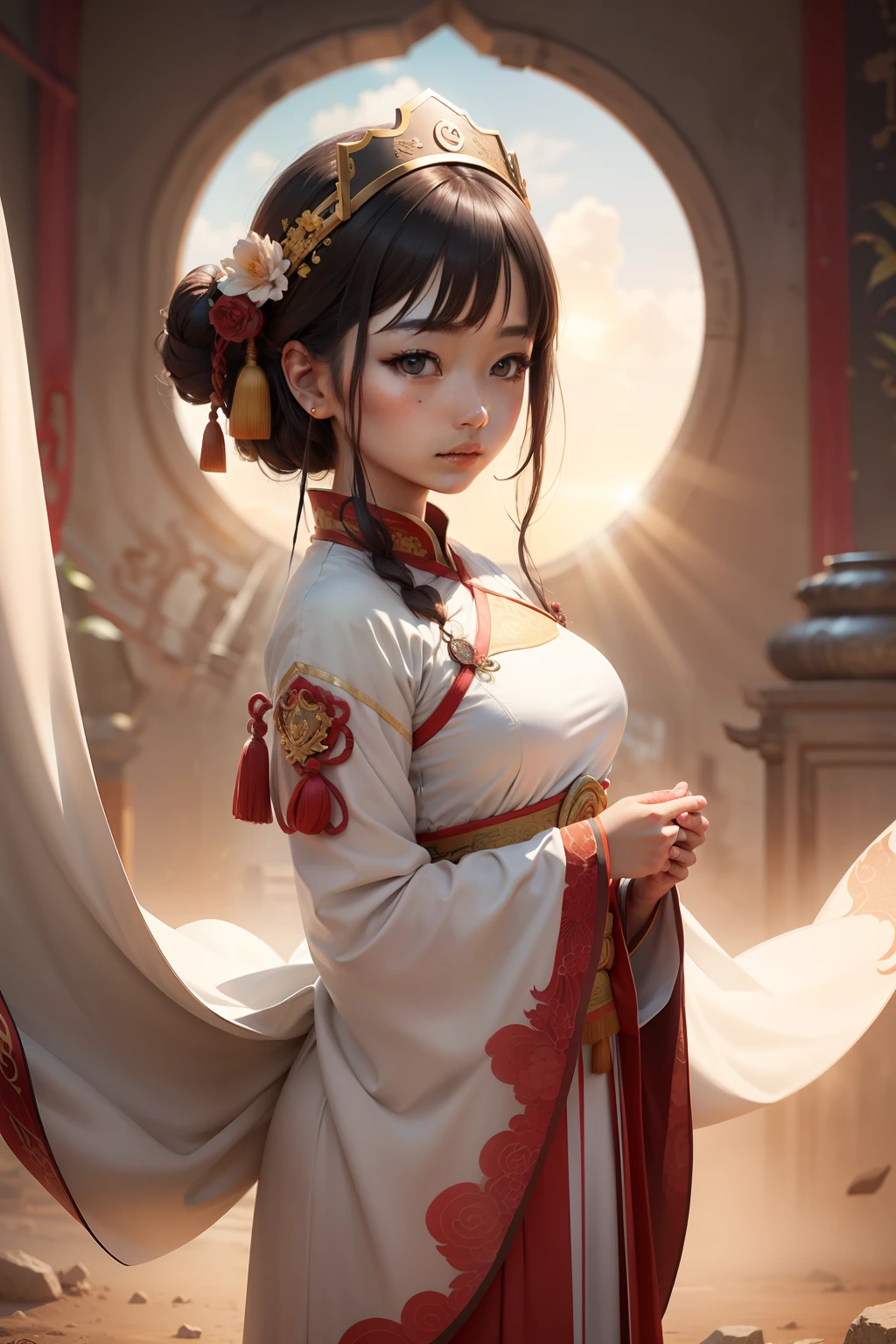 A girl, ancient Chinese costume, whole body, sunshine, clear face, clean white background, masterpiece, super detail, epic composition, ultra HD, high quality, extremely detailed, official art, uniform 8k wallpaper, super detail, 32k