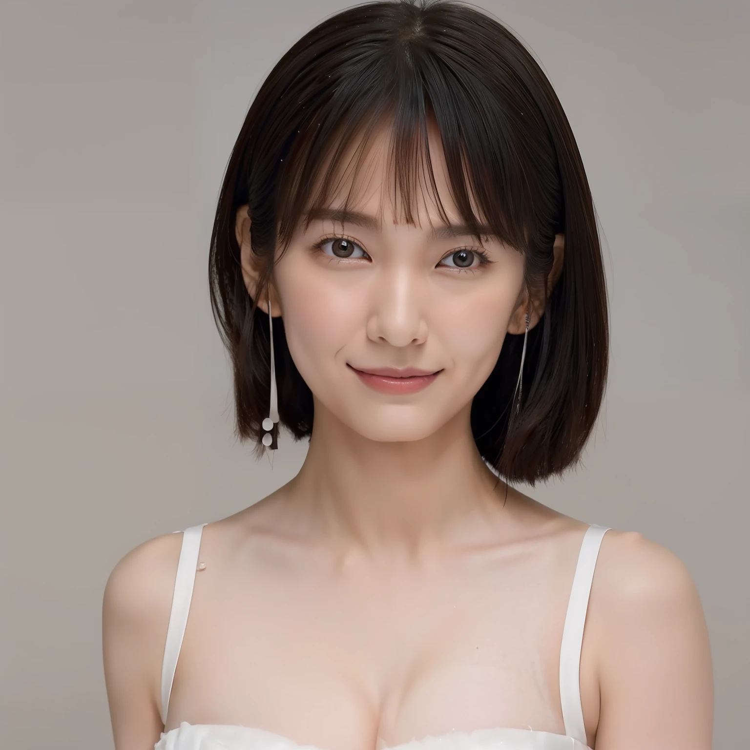 ((masterpiece, top quality, high definition)), 1 girl, (photorealistic: 1.4), solo, white background, snow-white background, mouth closed, happy smile, happy smile, pretty black hair, short hair, big eyes, clear double eyelids, eyelashes, ears out, long neck, long neck, absolute area, ((face close-up)), (drawing all head, shoulders), 19 years old, Attractive proportions, shiny skin, clean collarbone, golden ratio face, perfect face, teardrop mole, mole on chest, bangs, clean bangs, lip gloss, pale lips, pale skin, naked, big breasts, small face, small face, draw all head, draw all shoulders, from side, gaze staring at the camera