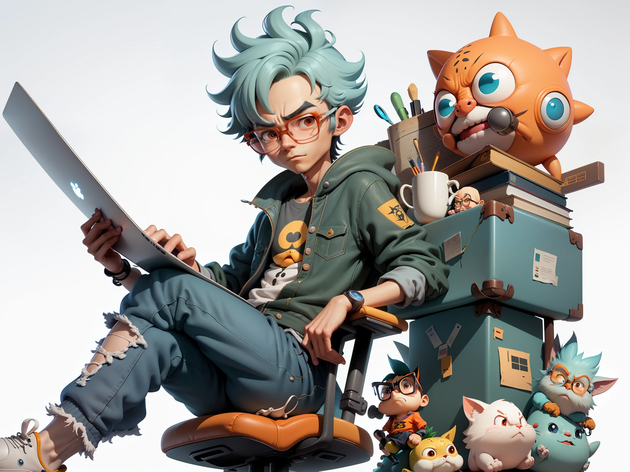 A young man with glasses sits at his desk,holding laptop,digitial painting,3D character design by Mark Clairen and Pixar and Hayao Miyazaki and Akira Toriyama,4K HD illustration,Very detailed facial features and cartoon-style visuals。