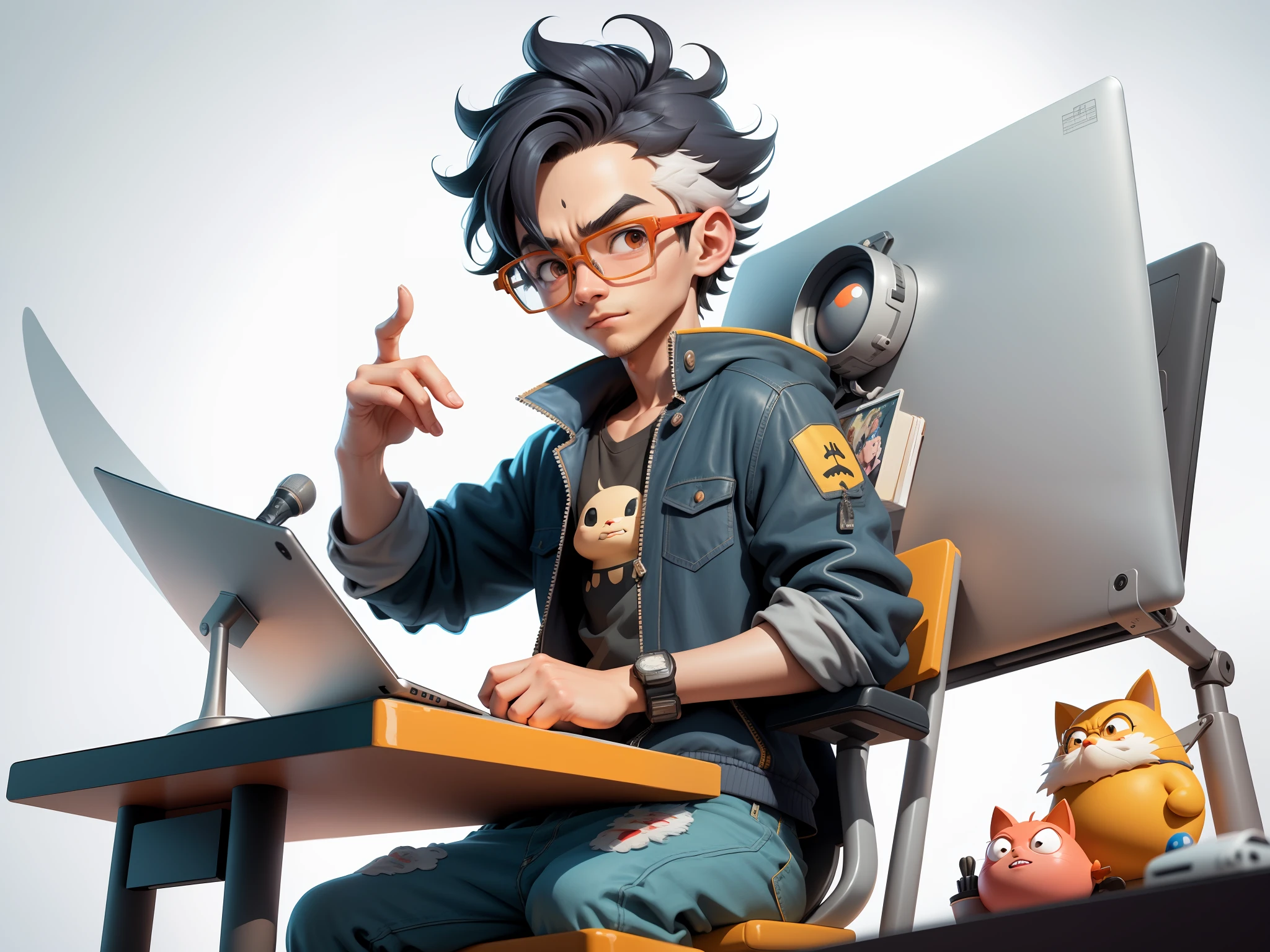 A young man with glasses sits at his desk,holding laptop,digitial painting,3D character design by Mark Clairen and Pixar and Hayao Miyazaki and Akira Toriyama,4K HD illustration,Very detailed facial features and cartoon-style visuals。