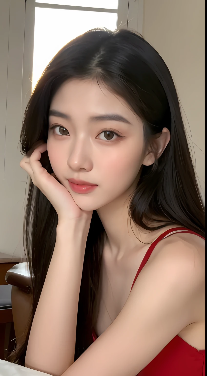 ((Best Quality, 8K, Masterpiece: 1.3)), Focus: 1.2, Perfect Body Beauty: 1.4, Buttocks: 1.2, ((Normal, hair, Normal Chest: 1.2)),Viewer-facing; 1.1, Highly detailed face and skin texture, fine eyes, double eyelids, whitened skin, (round face: 1.5)araffe asian woman sitting at a table with her hand on her face, beautiful south korean woman, gorgeous young korean woman, beautiful young korean woman, korean girl, korean woman, beautiful asian girl, a young asian woman, young adorable korean face, asian girl with long hair, gorgeous chinese model, young cute wan asian face, beautiful asian woman, a cute young woman