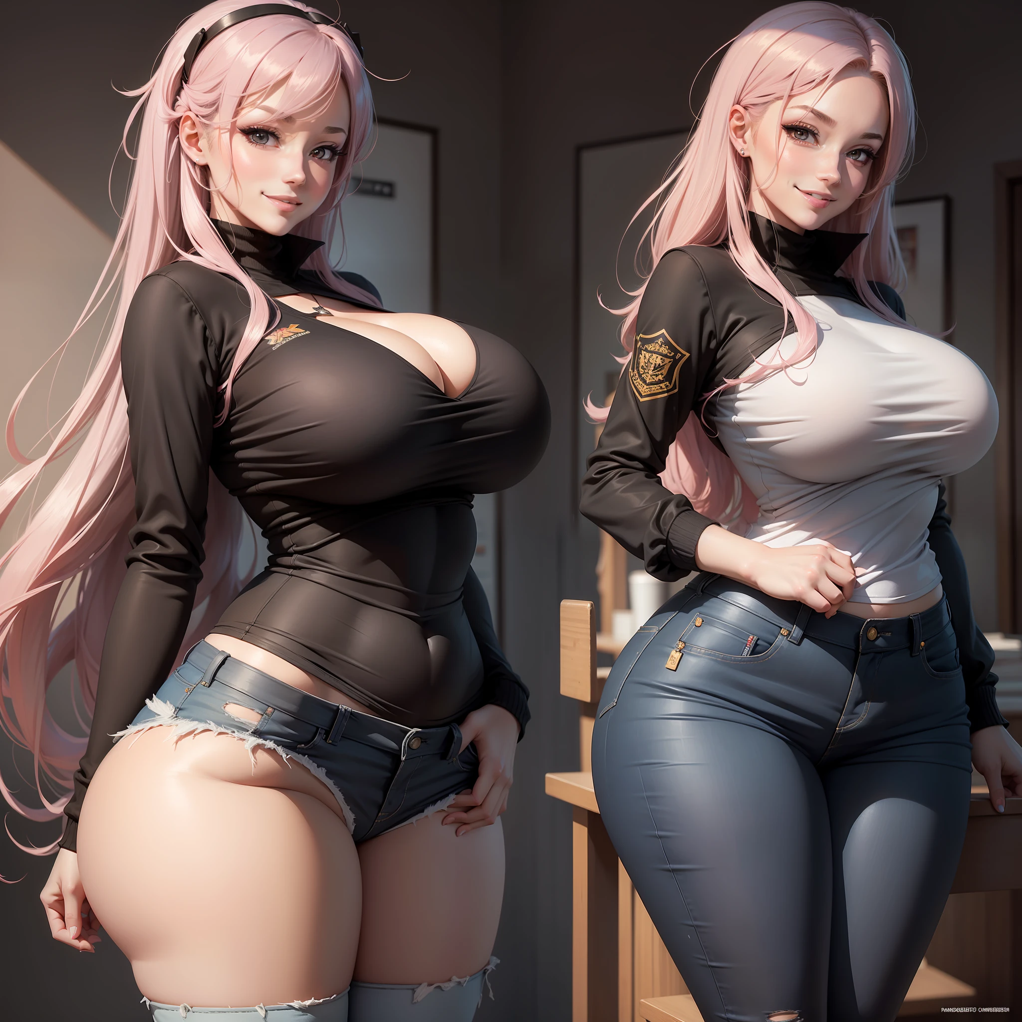 (Best quality, High resolution, Masterpiece :1.3, anime style) tall woman, big breasts, big butt, wide hips, wearing school shirt with black jeans, smiling, perfect hands, perfect face, hands behind back, one person