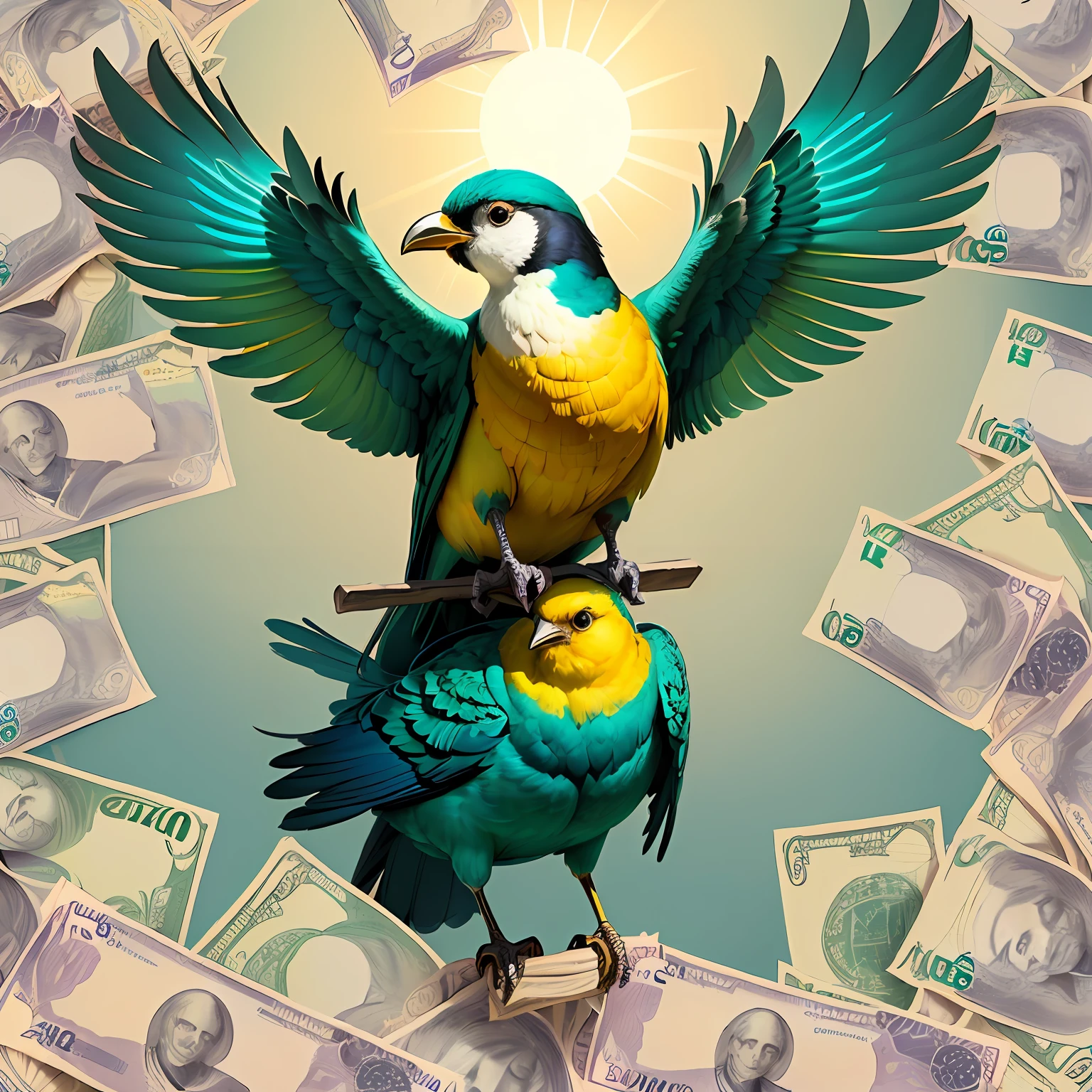 Currency exchange, bird green and yellow small, cash, Celeste wallpaper with sun de mayo, coin, treasure, gold, south america