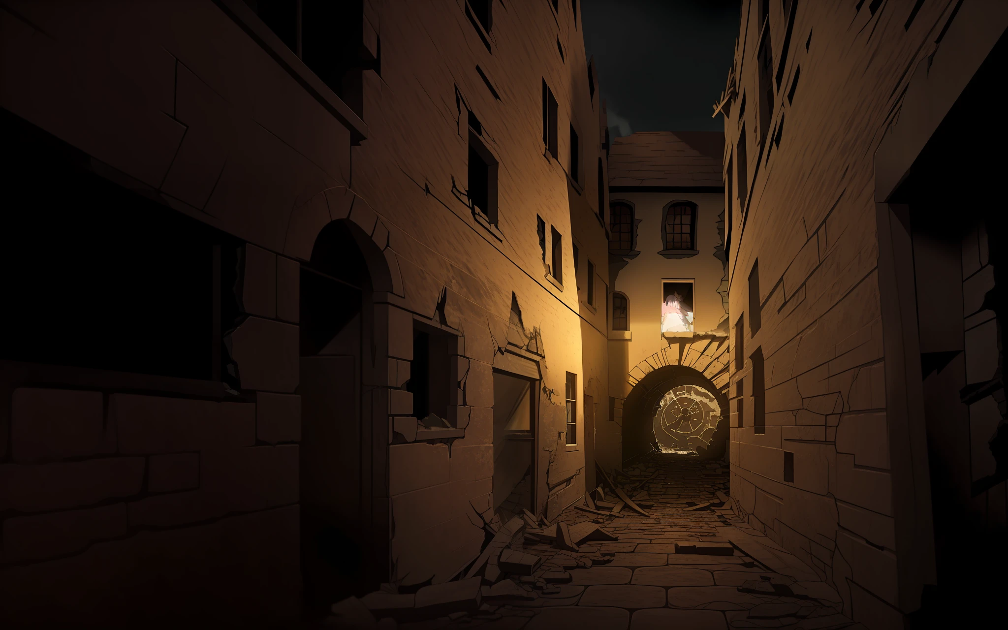 illustratio anime screenshot natta mid night Ocean wind Not Japan Ruined house Brick house cobblestone road Medieval Europe Koyokan Crumbling brick house Unpaved cobblestones Ruined house Houses with a small number of colors A house on the verge of collapse desolate Fine line art 2020s anime