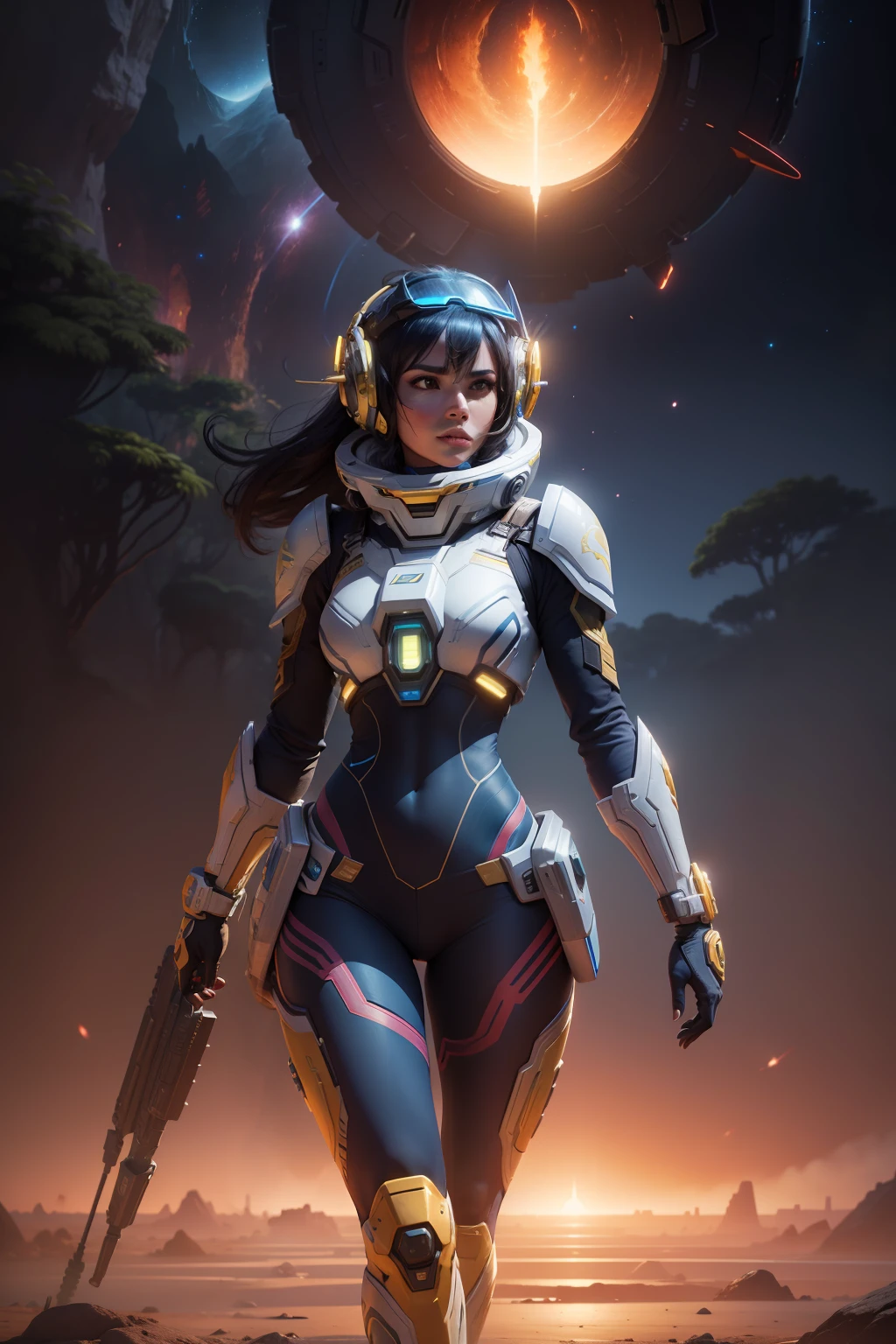 a vibrant cinematic full body photo of a female adventure in the jungle, octane render, high quality ultra future blue an gold space combat visor up, alien planet background