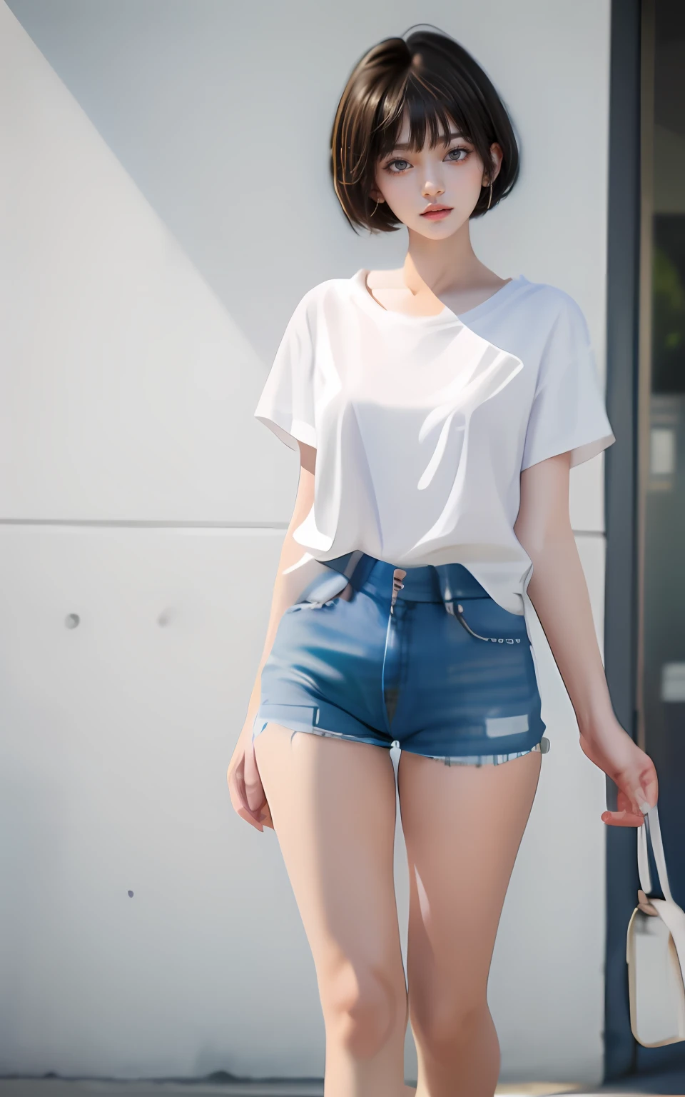 with short black hair，slanted bangs，eye glass，Beautuful Women，white  shirt，denim short