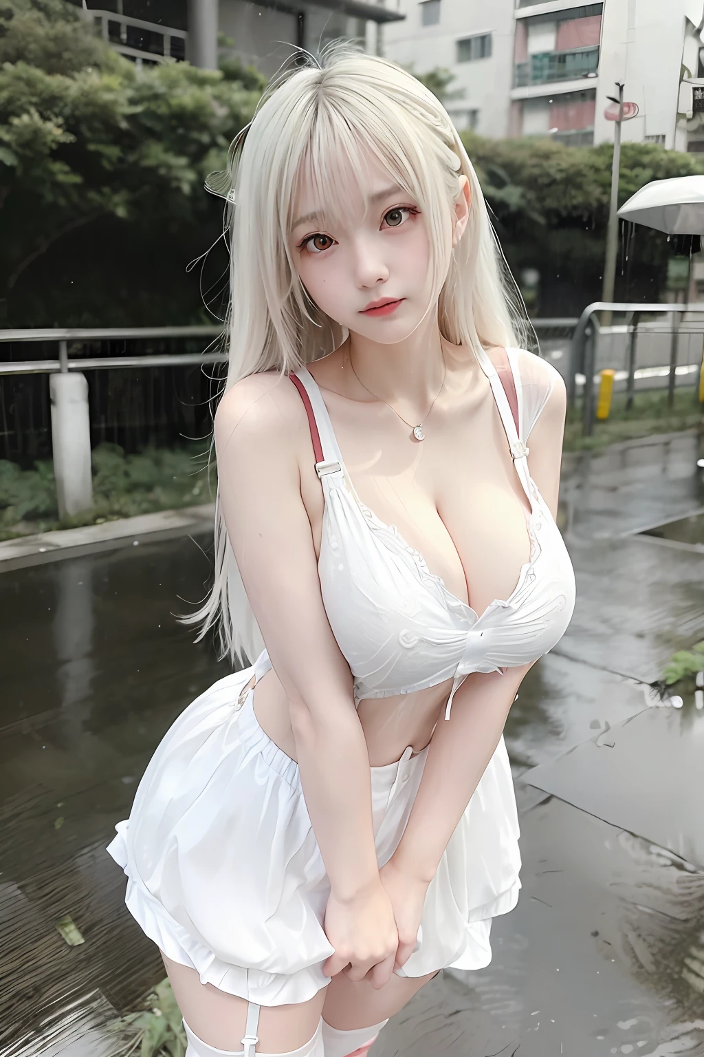 1个Giant Breast Girl,style of anime,standing on your feet,Hiccups,Feeling cold,trembling all over,Clear suspenders,White leg straps,Short white dress,(long white hair),The eye,Rain-soaked top,Rainy days,Heartache expression