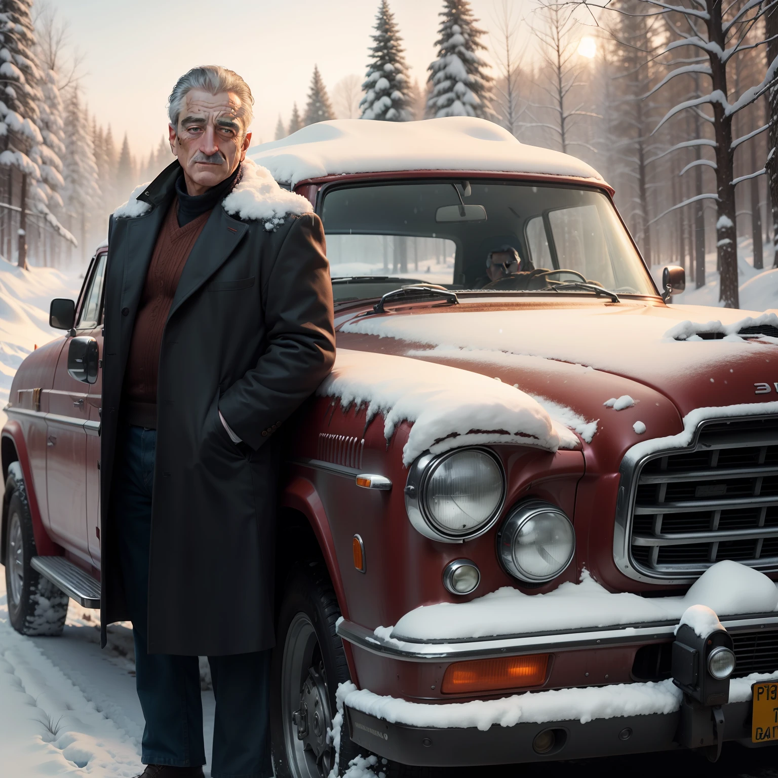 There is a man, 50 years old, robert de niro's lookalike, with snow-covered winter clothes, standing next to the car, old red pickup truck, close up, forest in the background