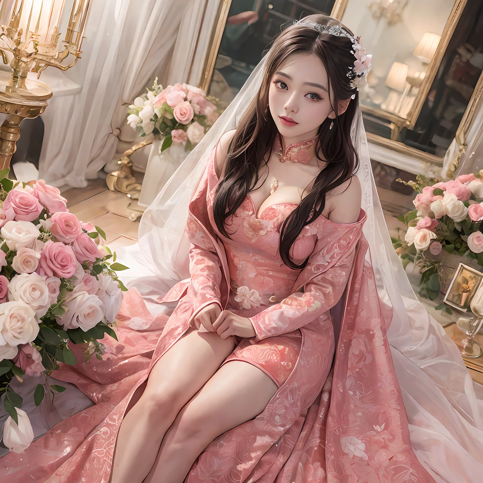 best qualtiy， tmasterpiece， A high resolution， 1girll，Chinese wedding dress，Tyndall effect，realisticlying，Pink room edge lighting，twotonelighting，（highdetailskin：1.2），8K high-definition，gentle illumination，high high quality，Volume lighting, blur, upper body, plump breasts, deep cleavage