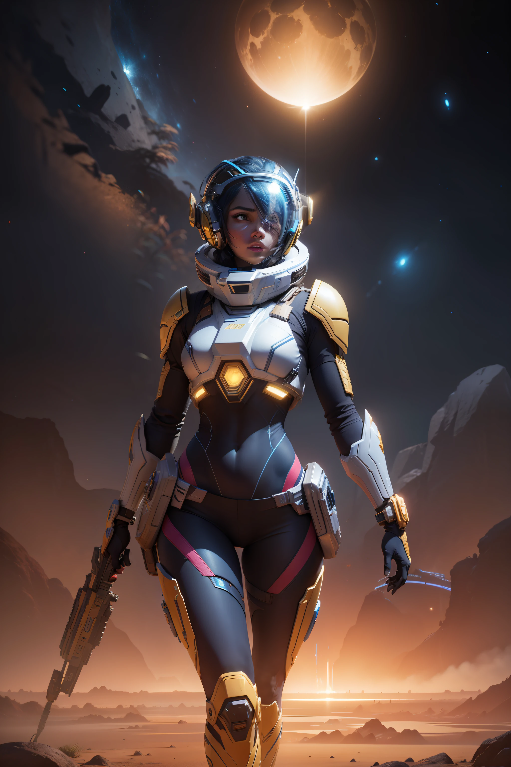 a vibrant cinematic full body photo of a female adventure in the jungle, octane render, high quality ultra future blue an gold space combat visor up, alien planet background