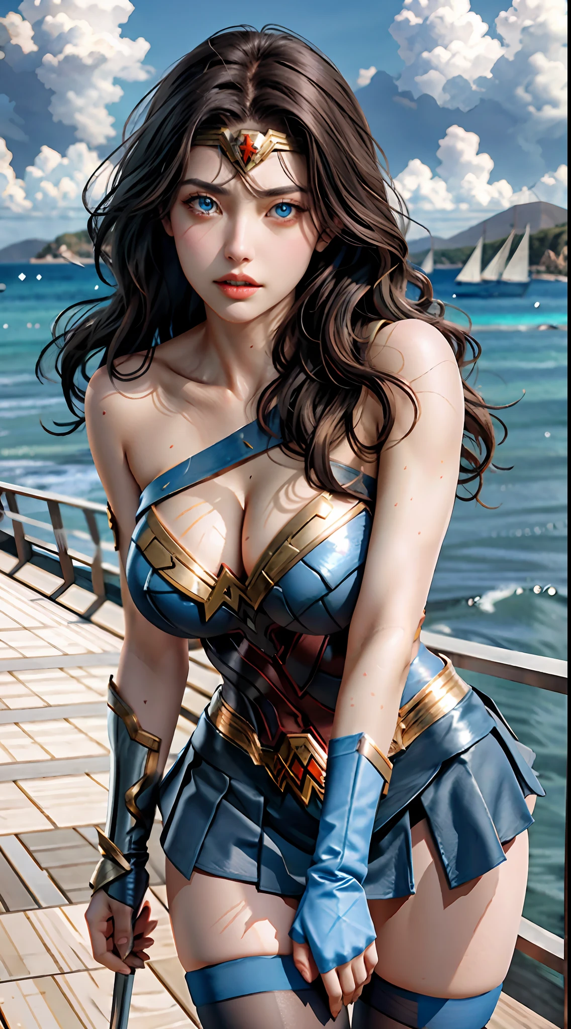 tmasterpiece, best qualtiy, photorealestic, photore, photorealisti, ultra - detailed, Perfect body, Detailed eyes, beuaty girl, wonder women, roleplaying, 1female,aged 40,Huge breasts,Pornographic exposure, 独奏,(Background with:jetty), She has long flowing hair, standing on your feet,Sweat profusely,drenched all over the body,,blue color eyes,frontage,Blue straight hair, curlies,mostly cloudy sky,Wonder Woman uniform(((tmasterpiece),(Very detailed CG unity 8K wallpaper),best qualtiy,cinmatic lighting,detailed back ground,beatiful detailed eyes,Bright pupils,(Very fine and beautiful),(Beautiful and detailed eye description),ultra - detailed,tmasterpiece,)),facing at camera,A high resolution,ultra - detailed),熟妇,mature,revealing breasts,facing at camera,Flushed complexion,Orgasmic face,Pornographic exposure,Protruding underparts,Camel toes,with no underpants,legs are open,frontage,Beautiful sexy full body photo in mini skirt and sewn stockings,((独奏)),At the pier,high-heels,Craving sexual,