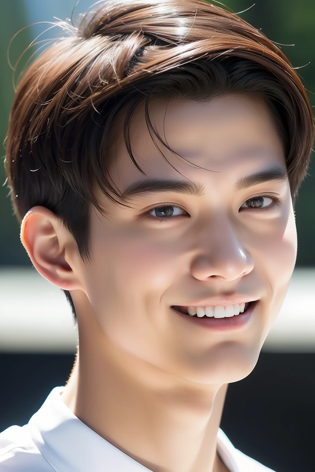top-quality, masterpiece, 超A high resolution, (realisitic: 1.4), Original photo, wall-paper, Head Photo, The skin, simple background, Black eyes, detaileds, selfy, 1 boys, 18 years old, a handsome, breezing, rays of sunshine, Duan、a room、Amazing handsome man、Cute、Center Part、Johnny's、A face like Ryo Yoshizawa、Refreshing、not too thick eyebrows、orthodox christianity、a smile、musculature