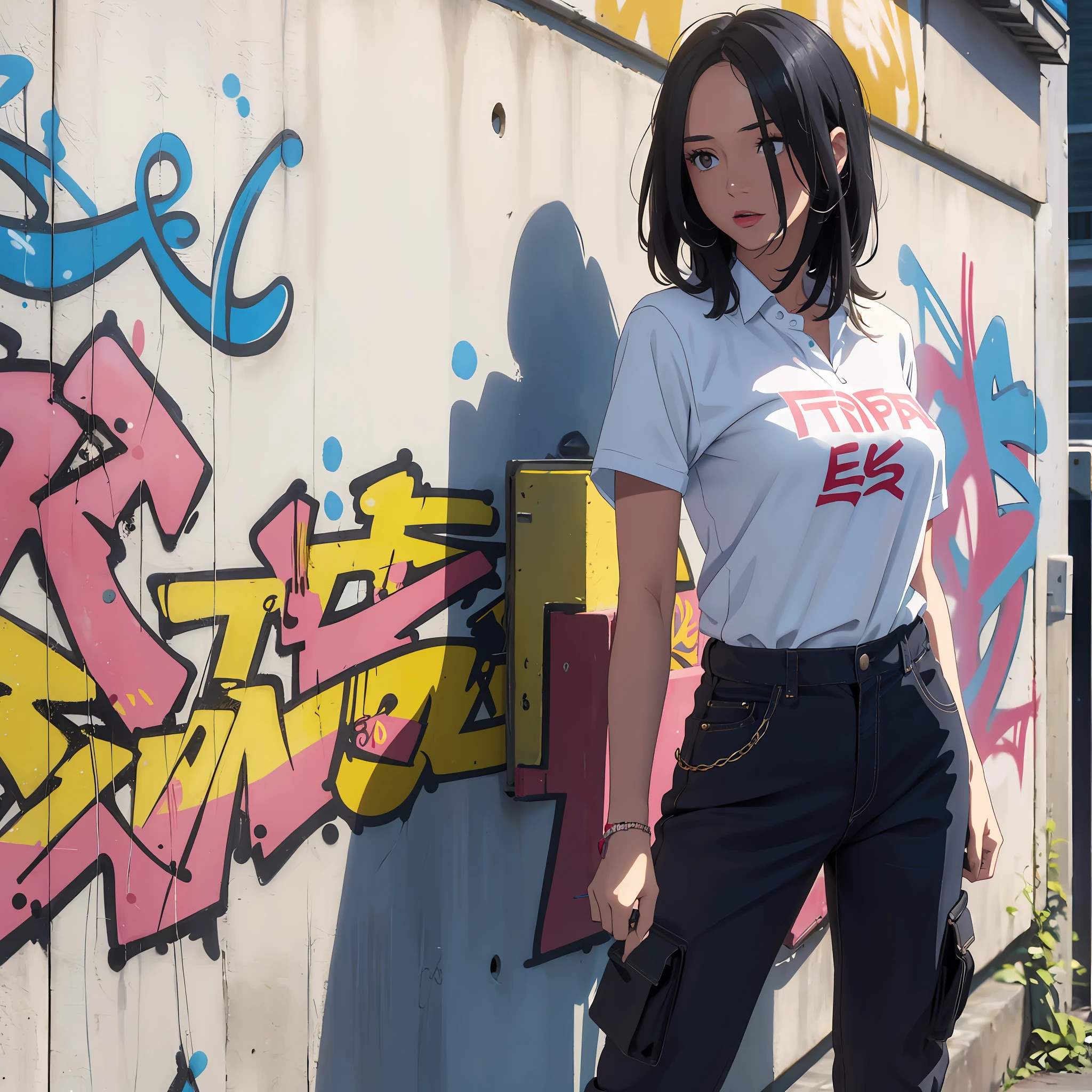 A girl in casual shirt, printed shirt, street, graffiti, detailed, 1girl, breast, black hair, model, fashion, photoshoot, dynamic pose, bra, cargo pant