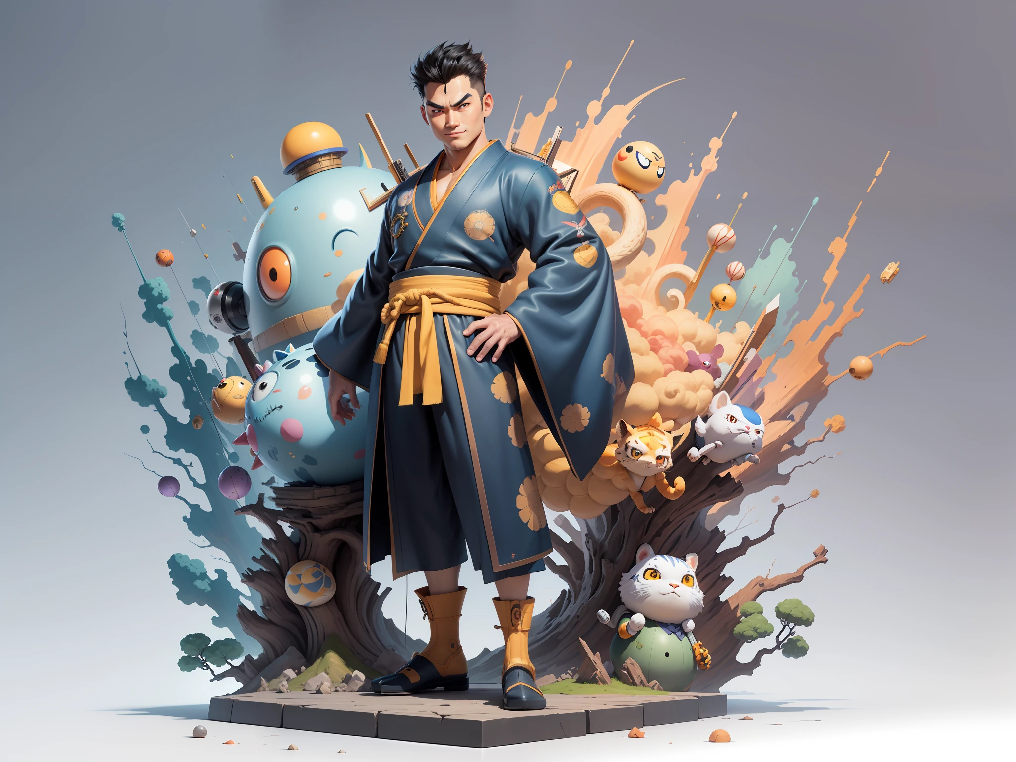 (Masterpiece), (Excellent), (Super Meticulous), (Full Body: 1.2), Super Young Man, Oriental Face, Japanese Kimono, Japanese Wind Thunder God, Dragon, Tiger, TV Anchor, Bust Portrait Illustration, Alone, Black Suit, Blue Tie, Slightly Chubby Face, Very Clean Face, No Beard, Black Super Short Hair, Black Eyes, Confident Smile, 3c Computer Sub-Products, iPad, iPhone, Digital Painting, 3D Character Design by Akira Toriyama and Mark Claireden and Pixar and Hayao Miyazaki, The illustration is a high-definition illustration in 4K resolution with very detailed facial features and cartoon-style visuals.